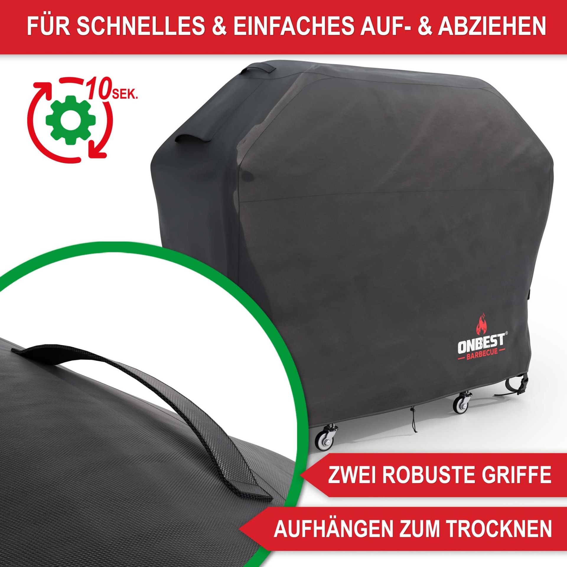 Grill Abdeckhaube M - Schnelles und einfaches auf- und abziehen, 2 robuste Griffe, aufhängen zum trocknen