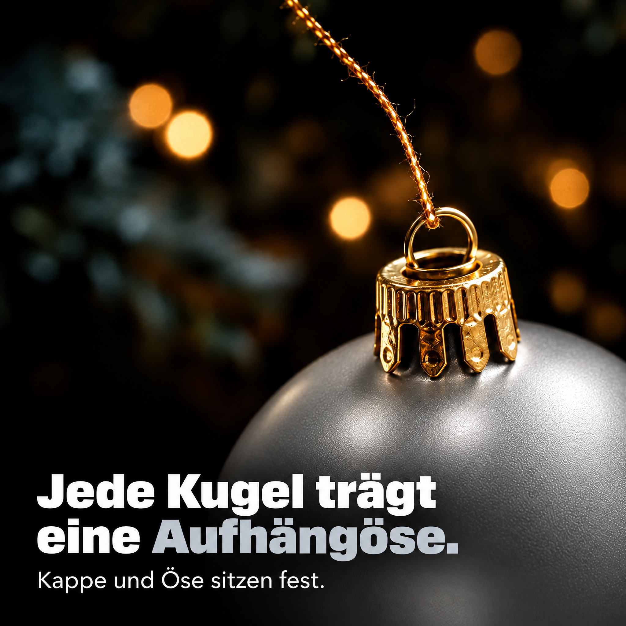 Christbaumschmuck Details: Jede silberne Kugel hat eine feste Aufhängöse. (Dieses Bild wurde mit Hilfe von KI generiert.)