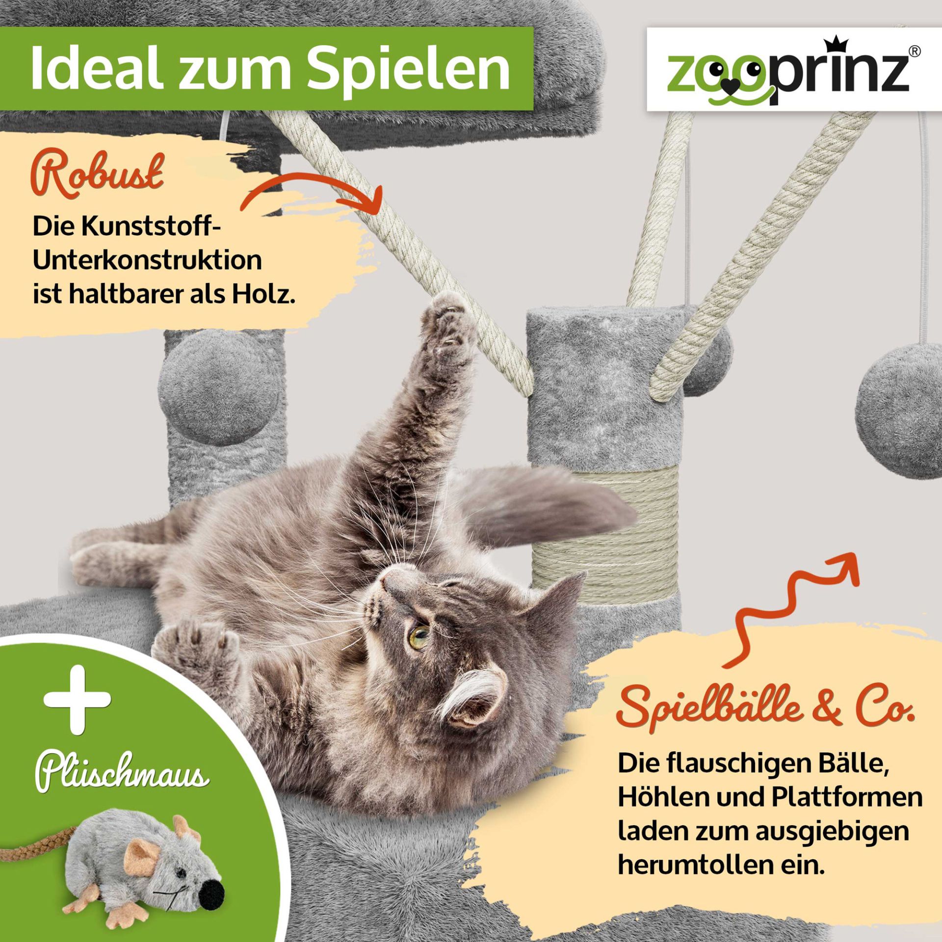 Katzenbaum Kitty; Ideal zum Spielen mit den Spielbällen und einer Plüschmaus