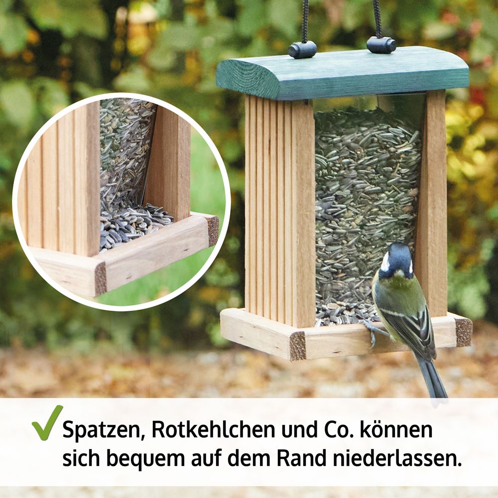 Vogelfutterhaus; Vögel können sich auf den Rand setzen