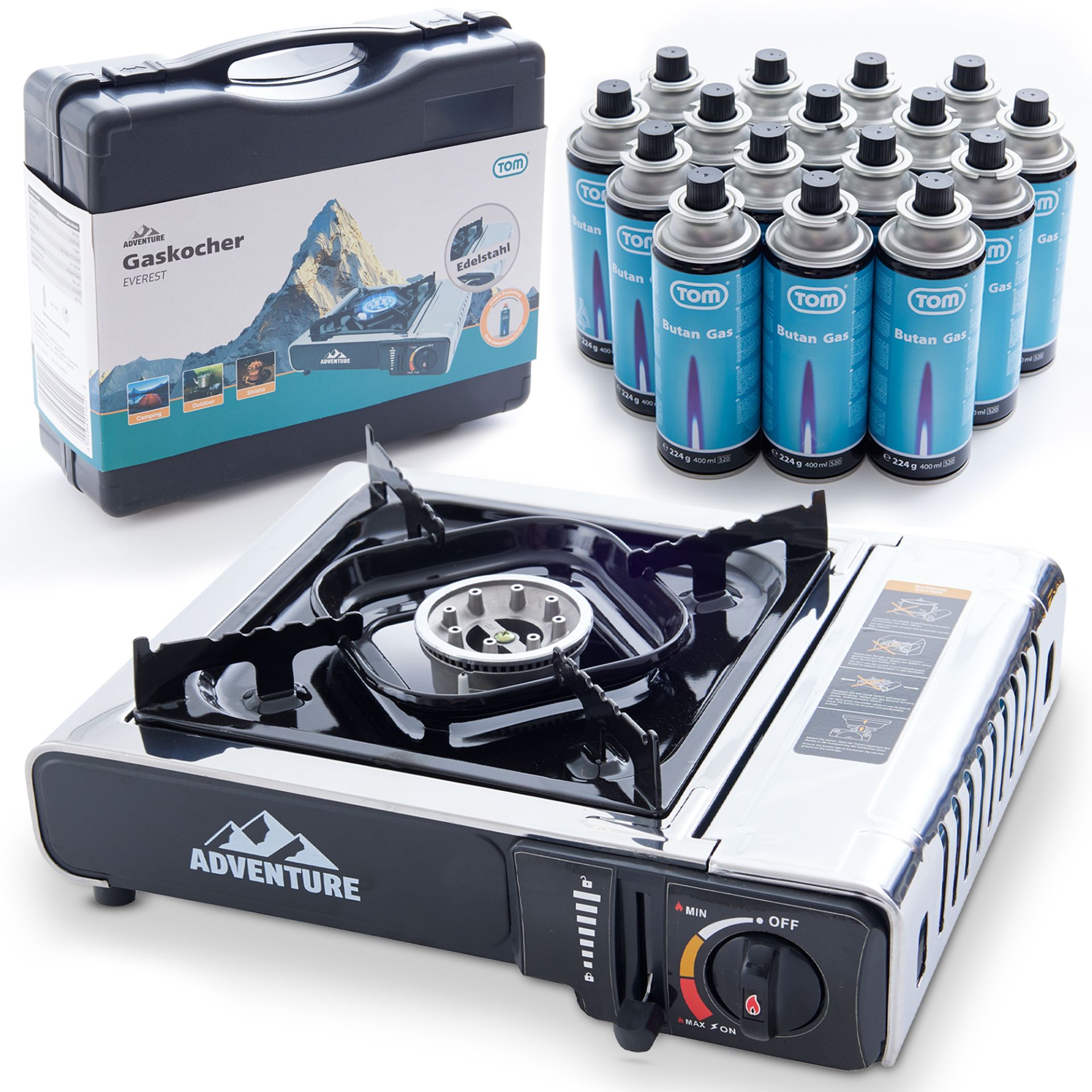 TOM Gaskocher - GK-227 Edelstahl Everest inklusive 16 Dosen CG-227 Butan Gas