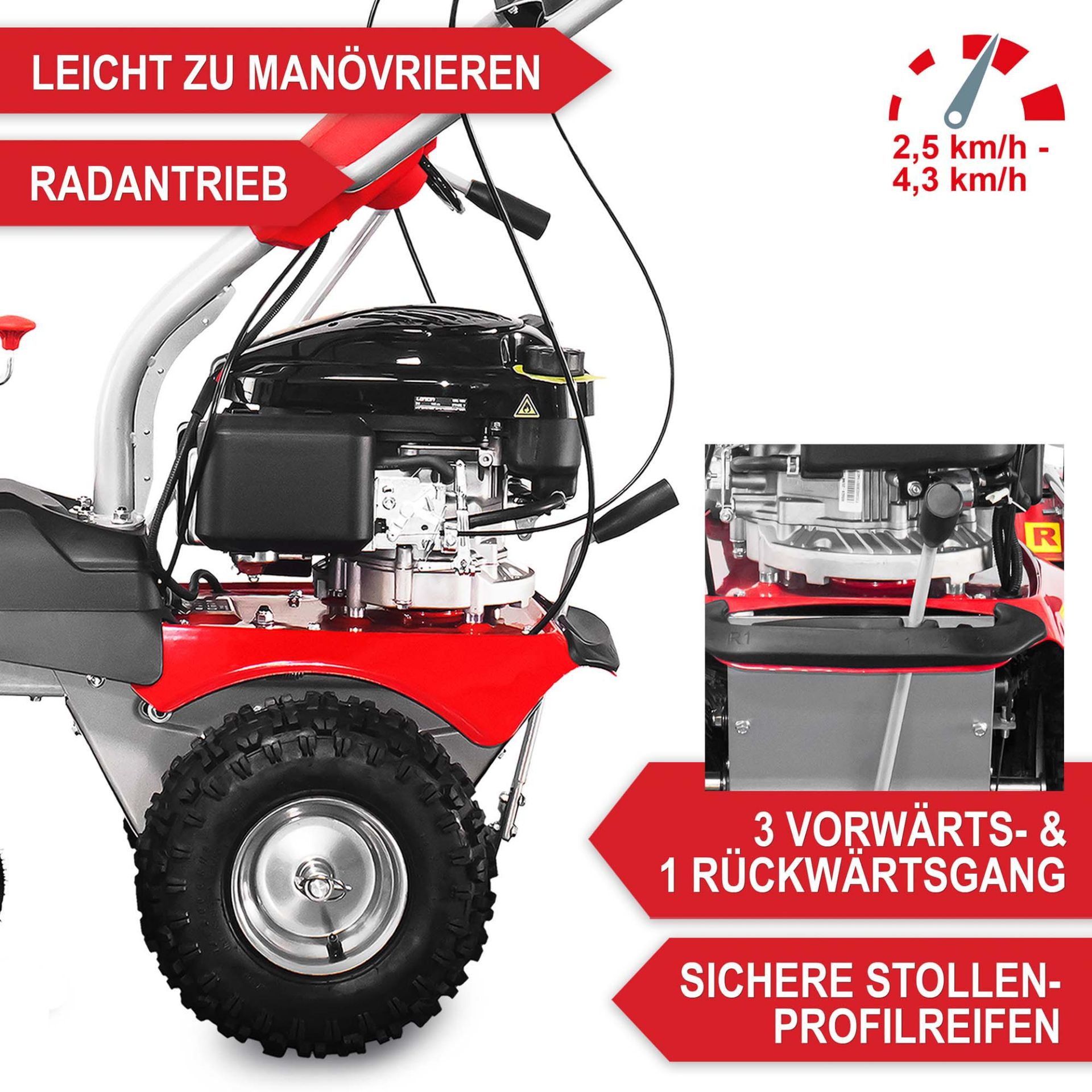 Kehrmaschine Benzin Set 100-LE - Leicht zu manövrieren, Radantrieb, 3 Vorwärts und 1 Rückwärtsgang, sichere Stollenprofilreifen