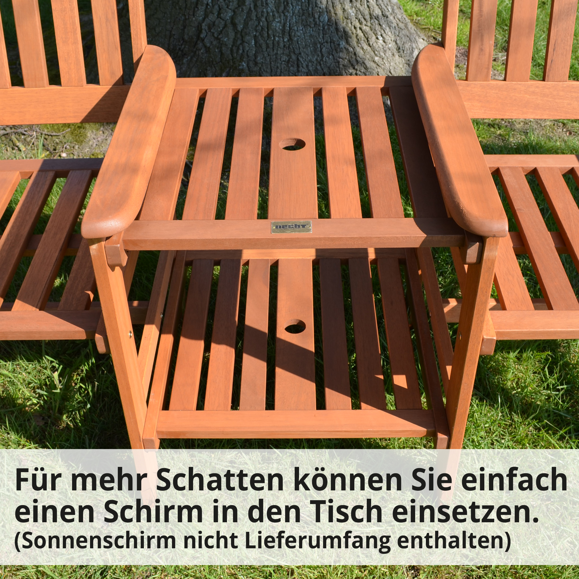 Gartenbank mit Schirmhalterung im Tisch – ideal für schattige Sitzplätze an heißen Tagen Gartenbank mit Schirmhalterung im Tisch – ideal für schattige Sitzplätze an heißen Tagen