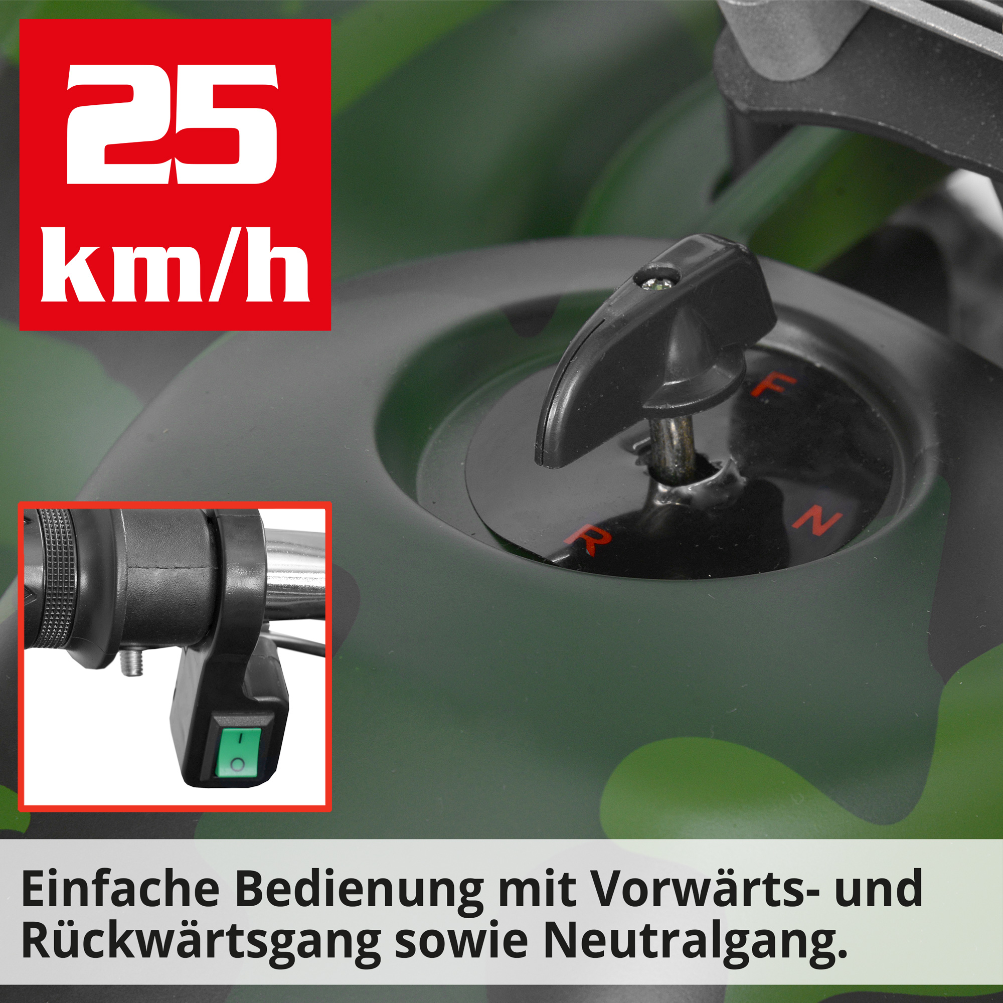 Quad; Einfache Bedienung mit Vorwärts- und Rückwärtsgang sowie Neutralgang