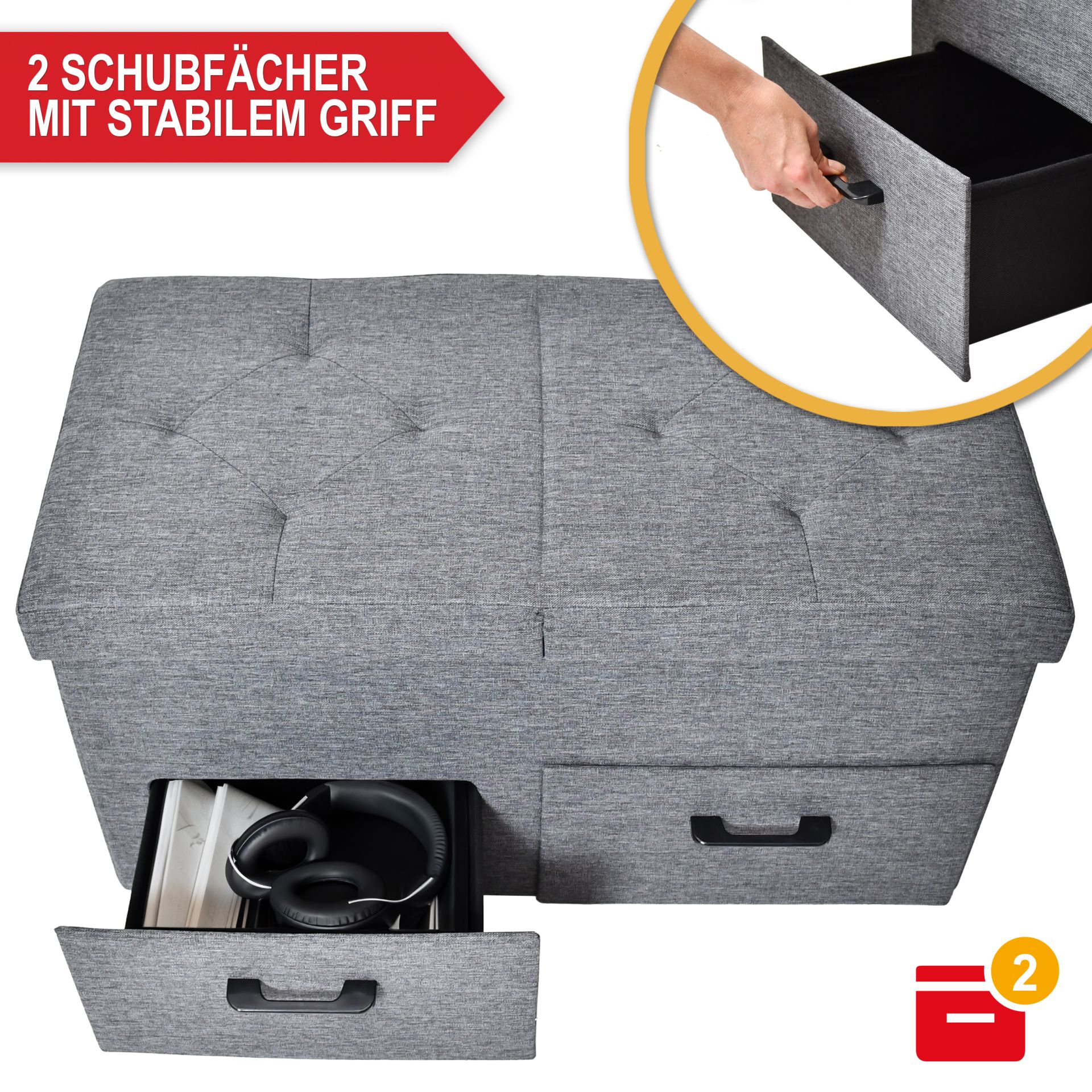 2er Sitzbank Dunkelgrau - 2 Schubfächer mit stabilem Griff