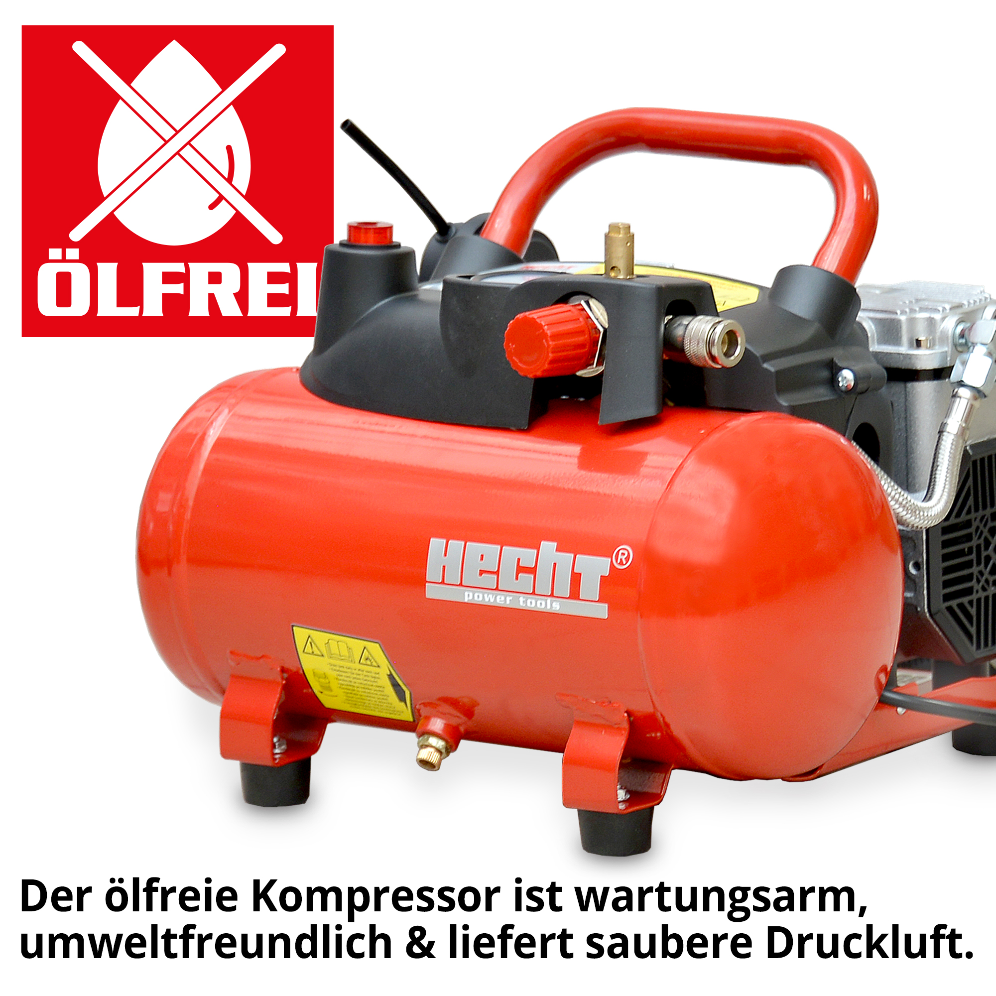 Hecht 20171 Flüster Kompressor; Der ölfreie Kompressor ist wartungsarm, umweltfreundlich und liefert saubere Druckluft