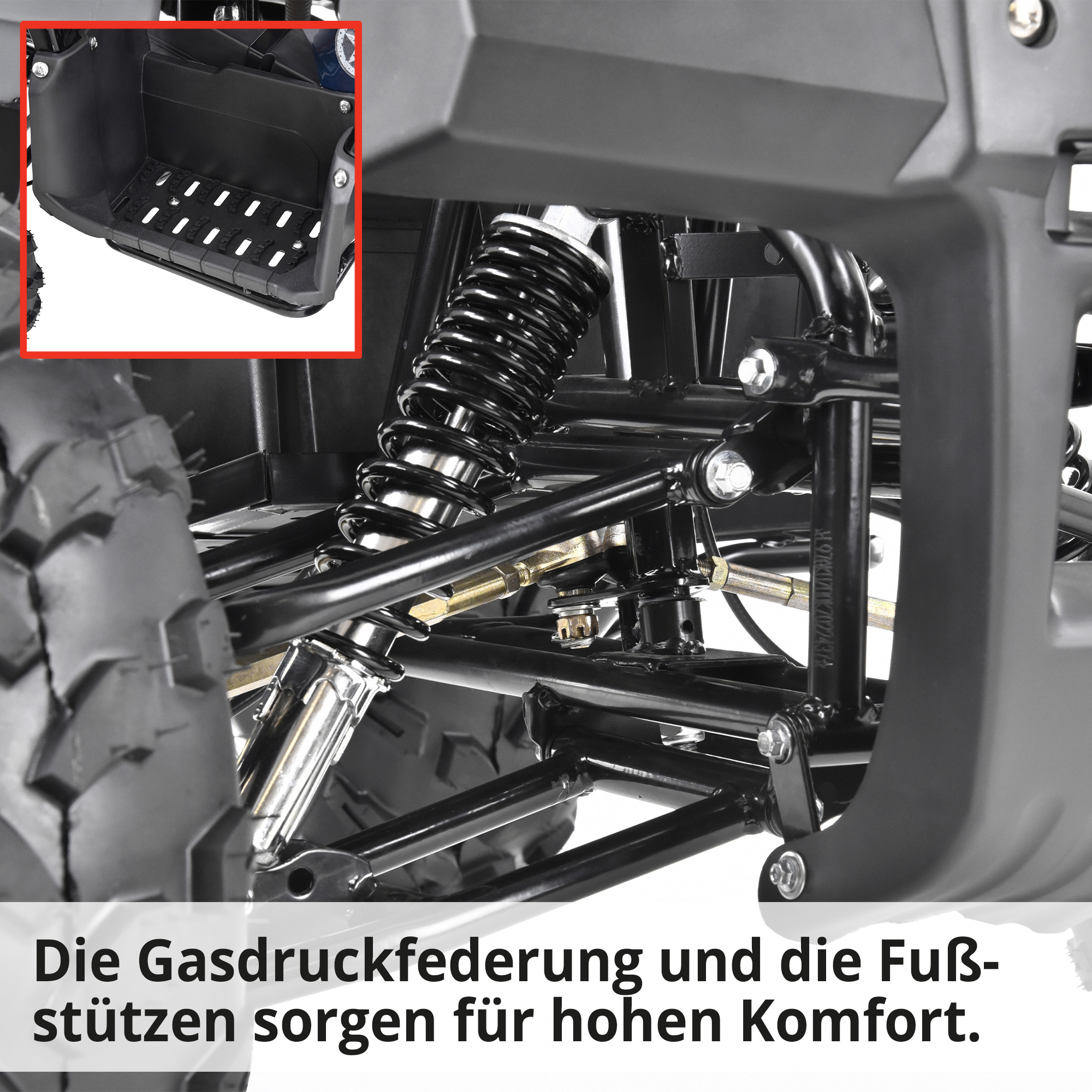 Elektro-Quad HECHT 59400 mit Gasdruckfederung und stabilen Fußstützen für hohen Fahrkomfort