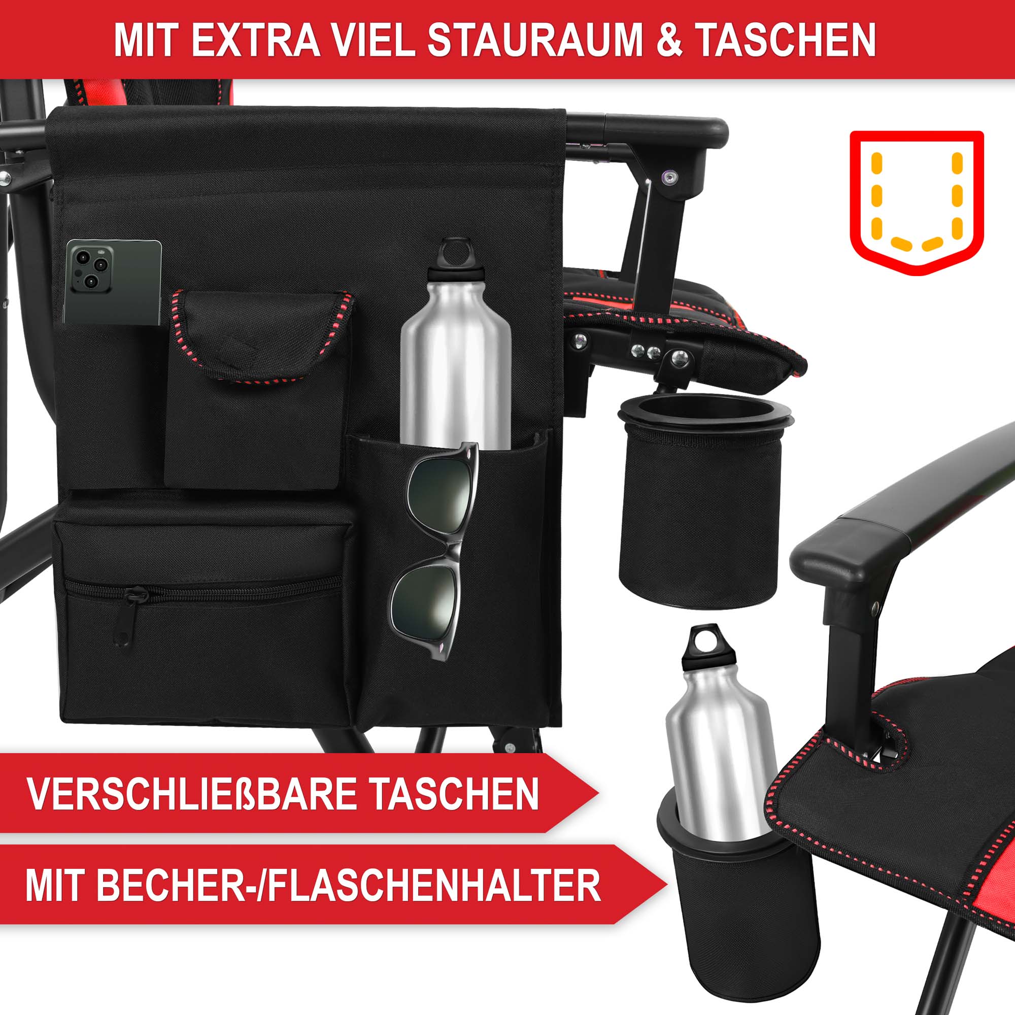Campingstuhl schwarz/rot - Mit extra viel Stauraum, verschließbare Taschen, mit Becher-/Flaschenhalter