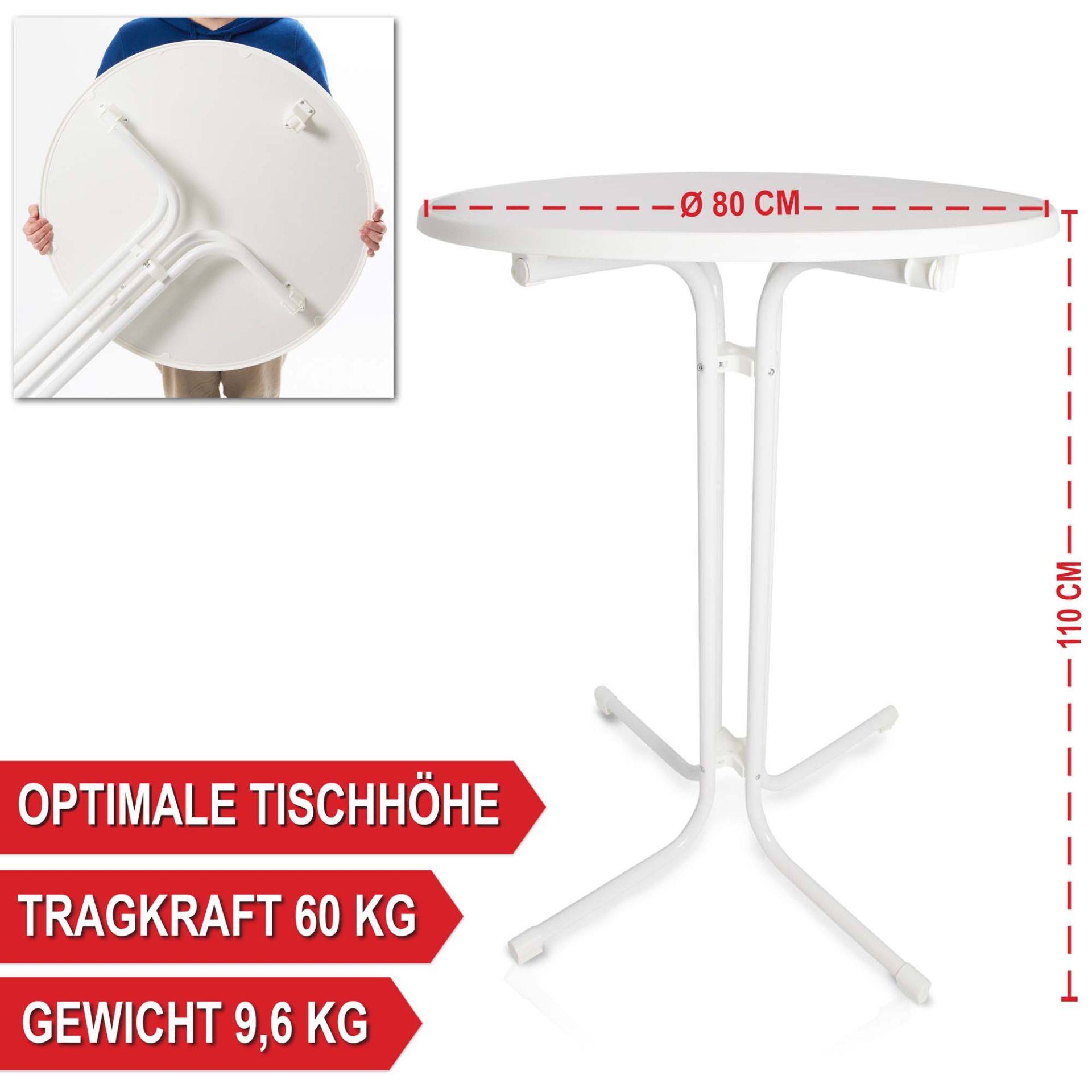 Optimale Tischhöhe, große Tragkraft, leichtes Gewicht - Stehtisch mit Tischhusse weiß