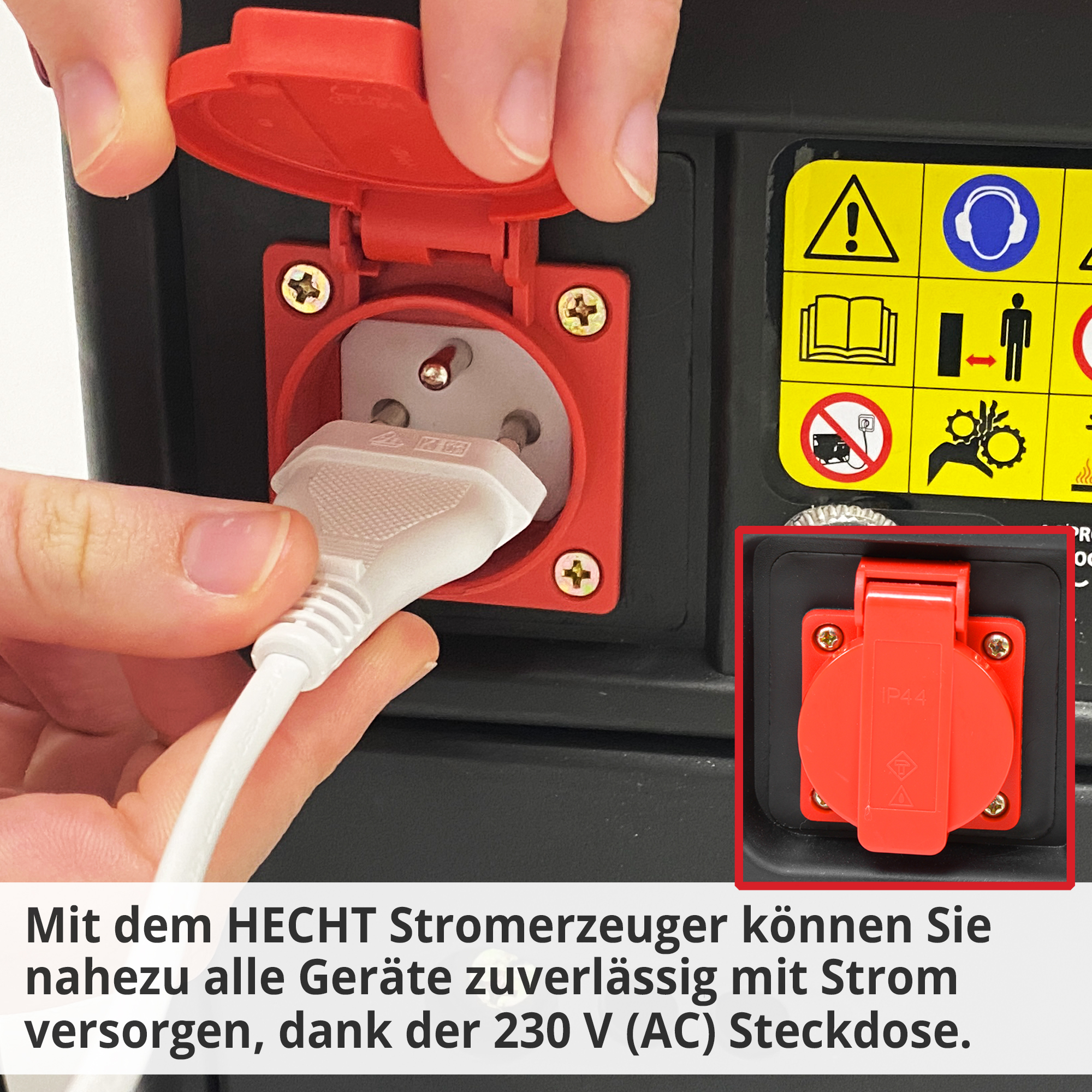 Hecht GG 950 Notstromaggregat 2 Takt Gerät; Dank der 230 Volt AC Steckdose alle Geräte zuverlässig versorgen