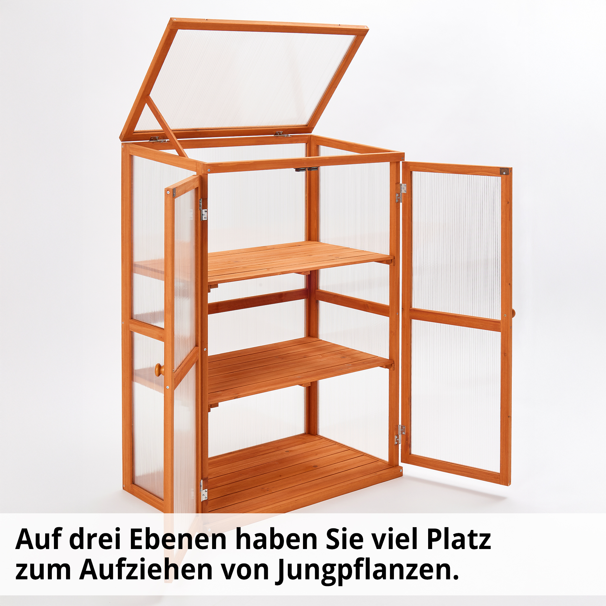Pflanzschrank Frühling; Drei Ebenen: Höhen: 1. Bodentief, 2. 37 cm Höhe, 3. 70 cm Höhe