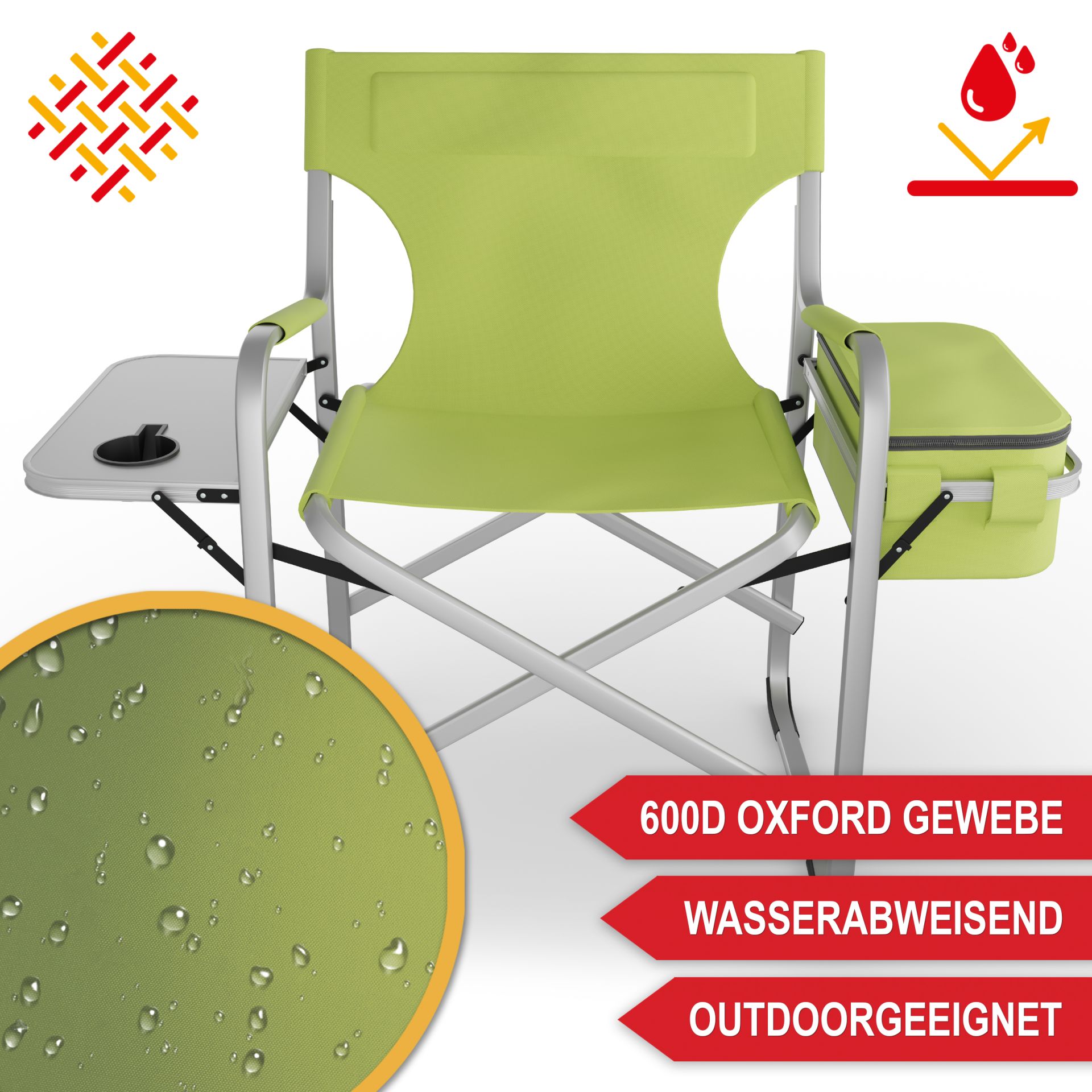 Campingstuhl mit Kühltasche grün - 600D Oxford Gewebe, wasserabweisend, Outdoorgeeignet