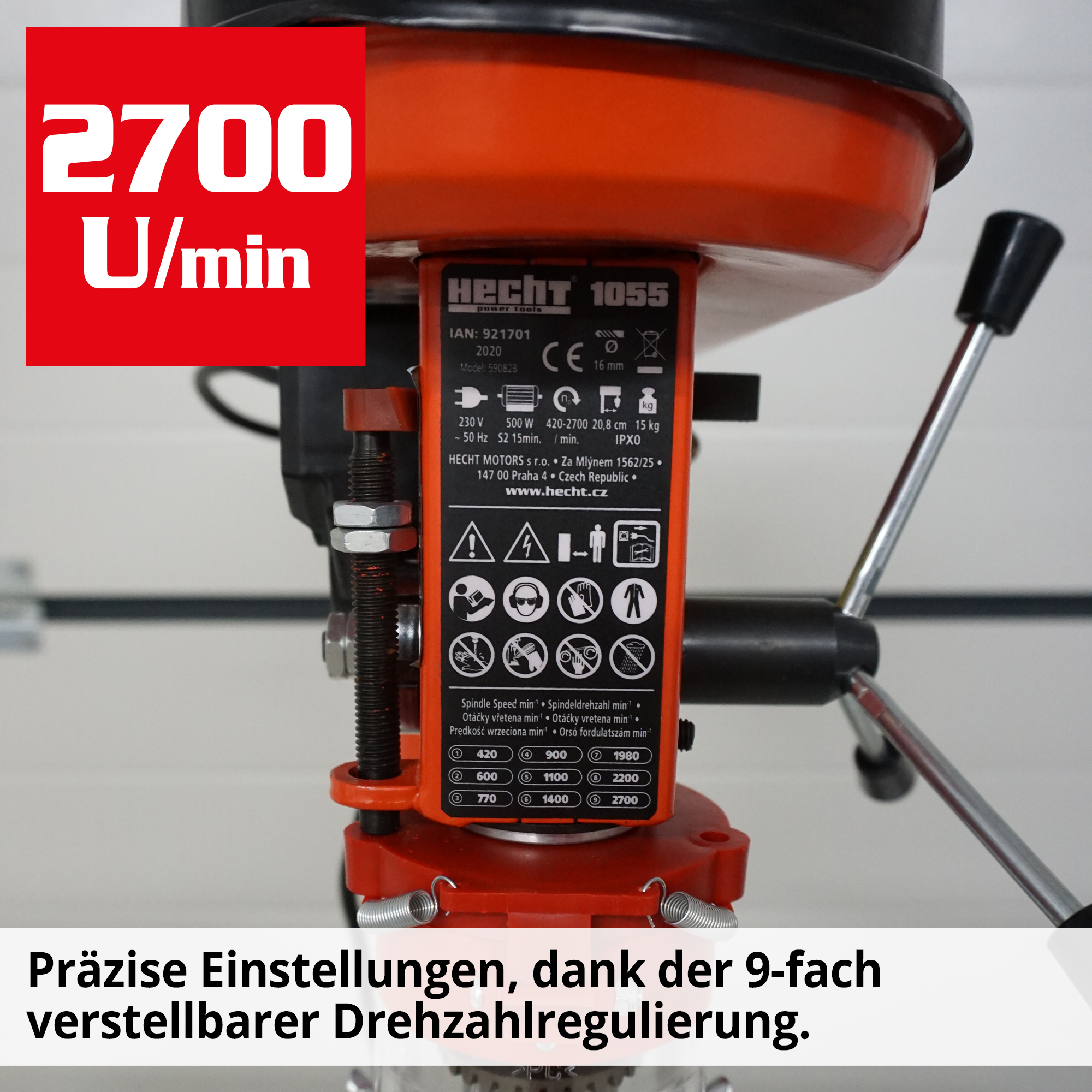 HECHT 1055 Standbohrmaschine; 9-fach verstellbare Drehzahlregulierung bis 2700 Umdrehungen pro Minute