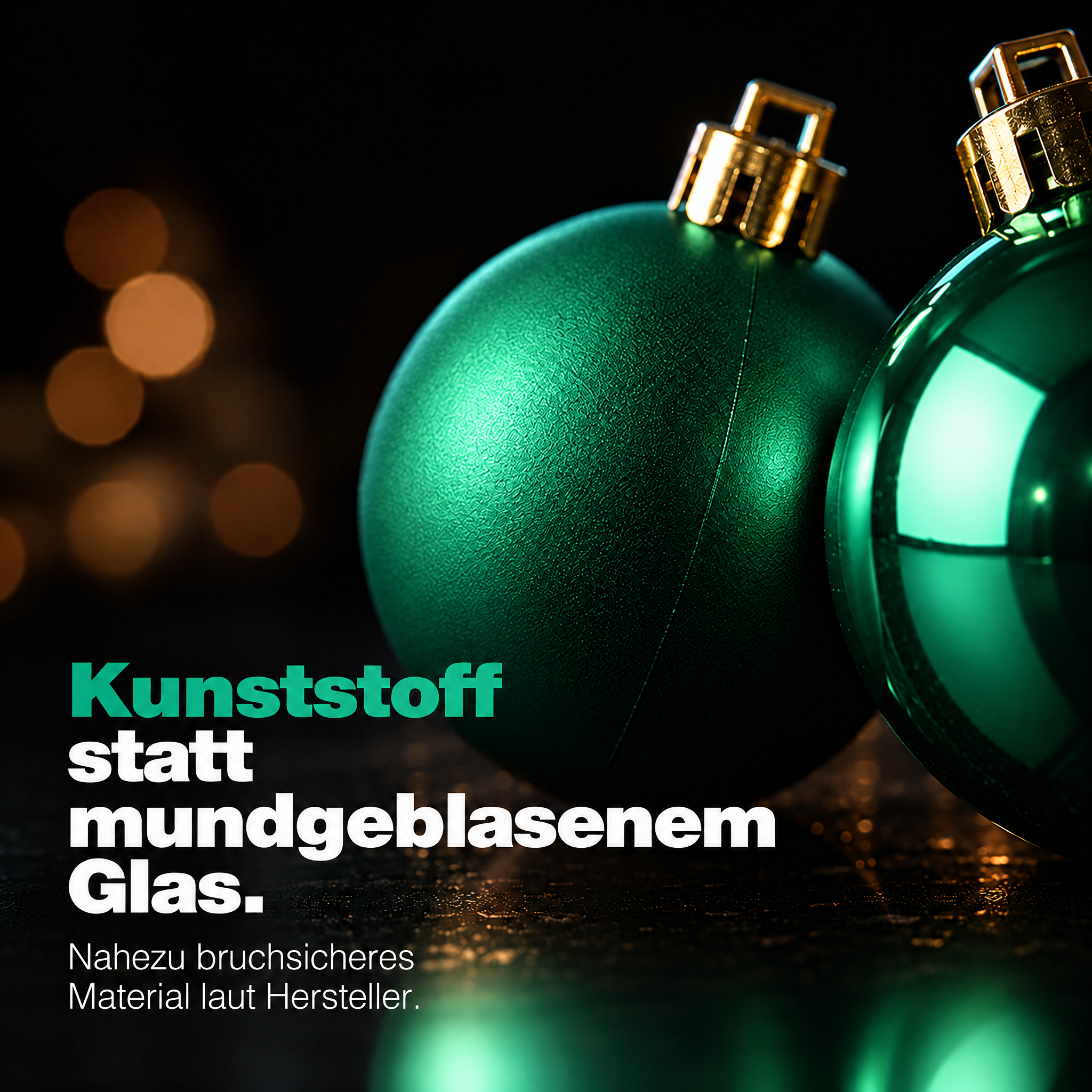 Robuster Baumschmuck Grün: Kugeln aus bruchsicherem Kunststoff. (Dieses Bild wurde mit Hilfe von KI generiert.)