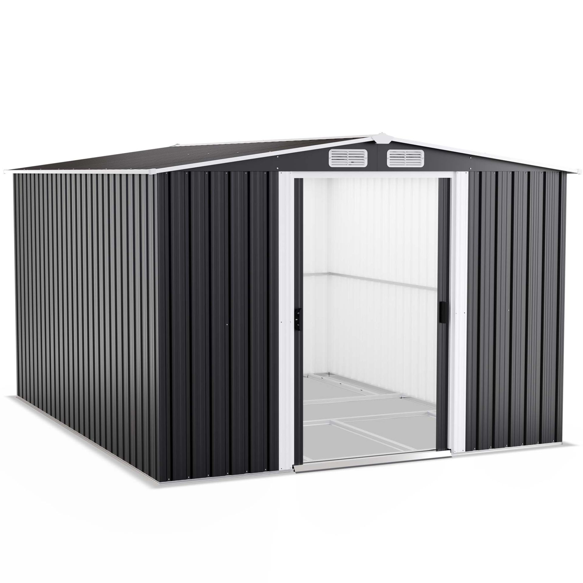 Gerätehaus mit offener Tür aus Stahlblech in Anthrazit