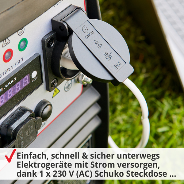 Inverter Benzin Notstromaggregat; Einfach, schnell und sicher unterwegs Elektrogeräte mit Strom versorgen, dank Schuko Steckdose