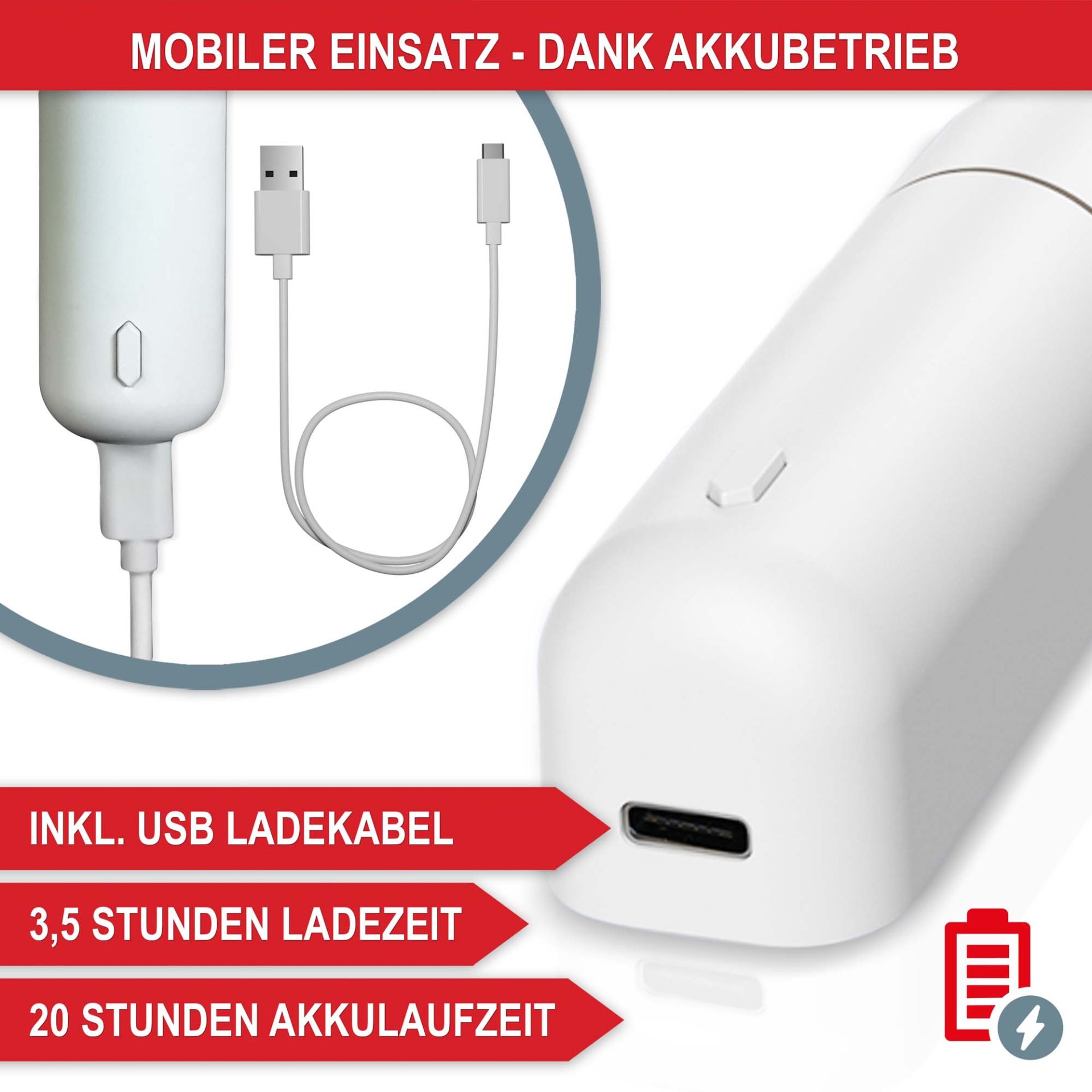 Aromadiffuser weiß - Mobiler Einsatz dank Akkubetrieb, inklusive USB Ladekabel, 3,5 Stunden Ladezeit, 20 Stunden Akkulaufzeit
