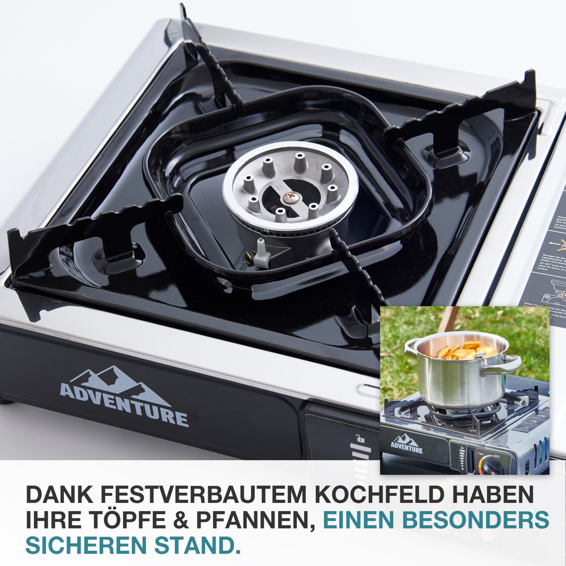 TOM Gaskocher - GK-227 Edelstahl Everest; fester Stand auch für große Töpfe und Pfannen