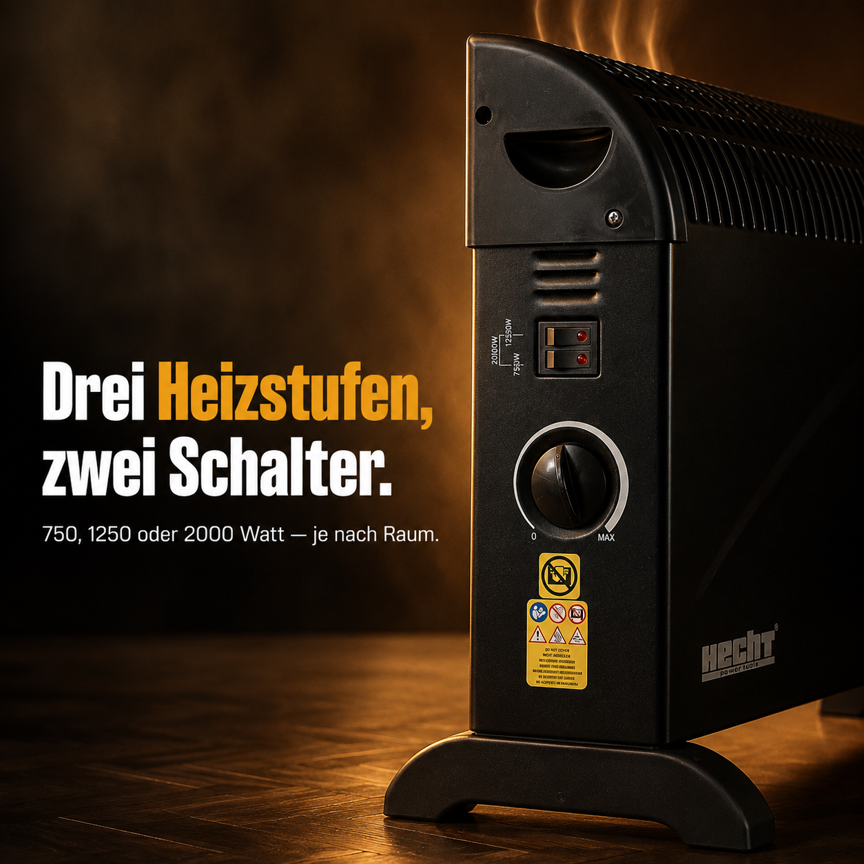Schwarzer HECHT Konvektor mit 3 Heizstufen und zwei Schaltern (Dieses Bild wurde mit Hilfe von KI generiert.)