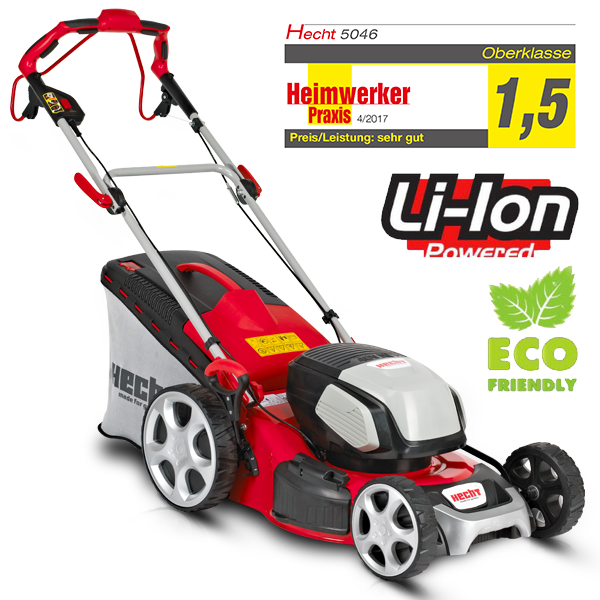 HECHT 5046 Akku-Rasenmäher mit Auszeichnungen, Li-Ion-Logo und ECO-Friendly-Siegel