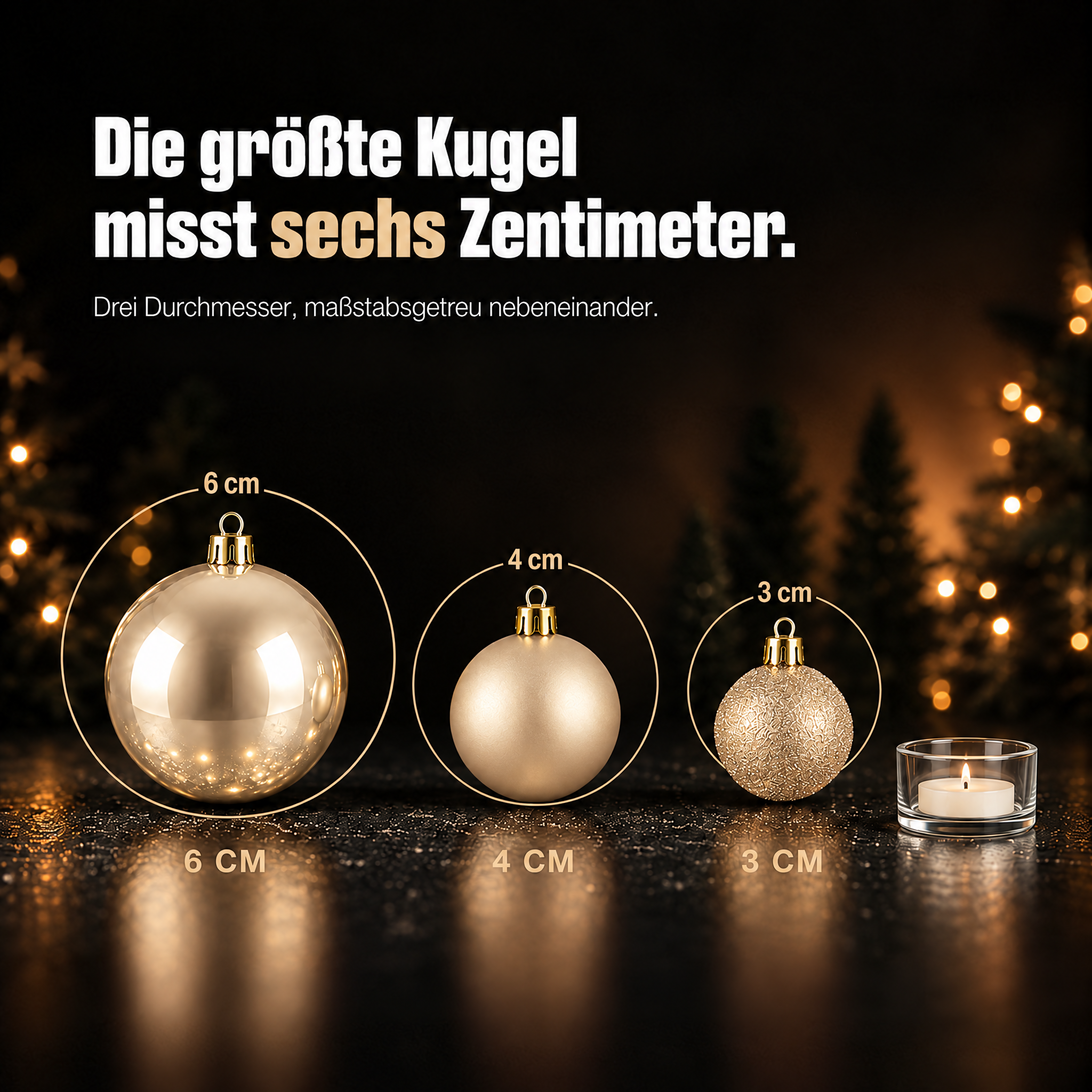 Robuster Baumschmuck Champagner: Kugeln aus bruchsicherem Kunststoff. (Dieses Bild wurde mit Hilfe von KI generiert.)