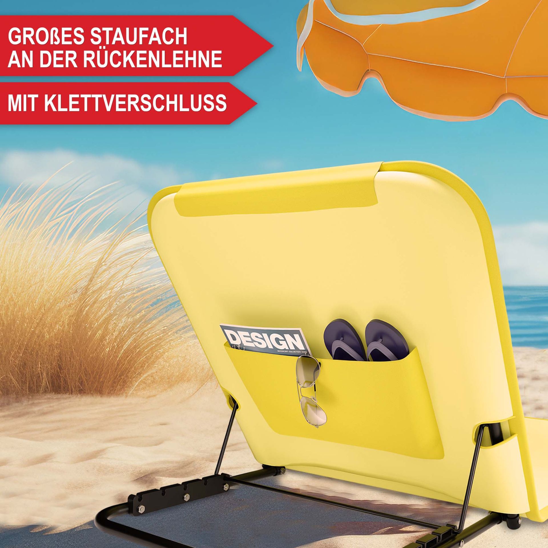 Strandliege gelb - Großes Staufach an der Rückenlehne, mit Klettverschluss Strandliege gelb - Großes Staufach an der Rückenlehne, mit Klettverschluss