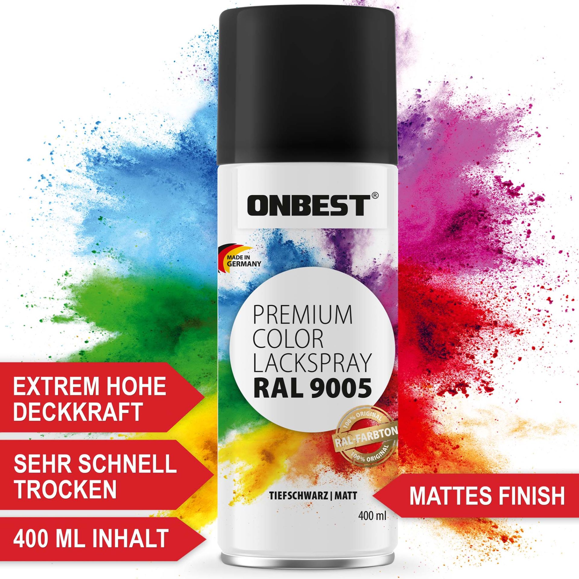 Lackspray Tiefschwarz - Extrem hohe Deckkraft, sehr schnell trocken, großer Inhalt, glänzendes Finish