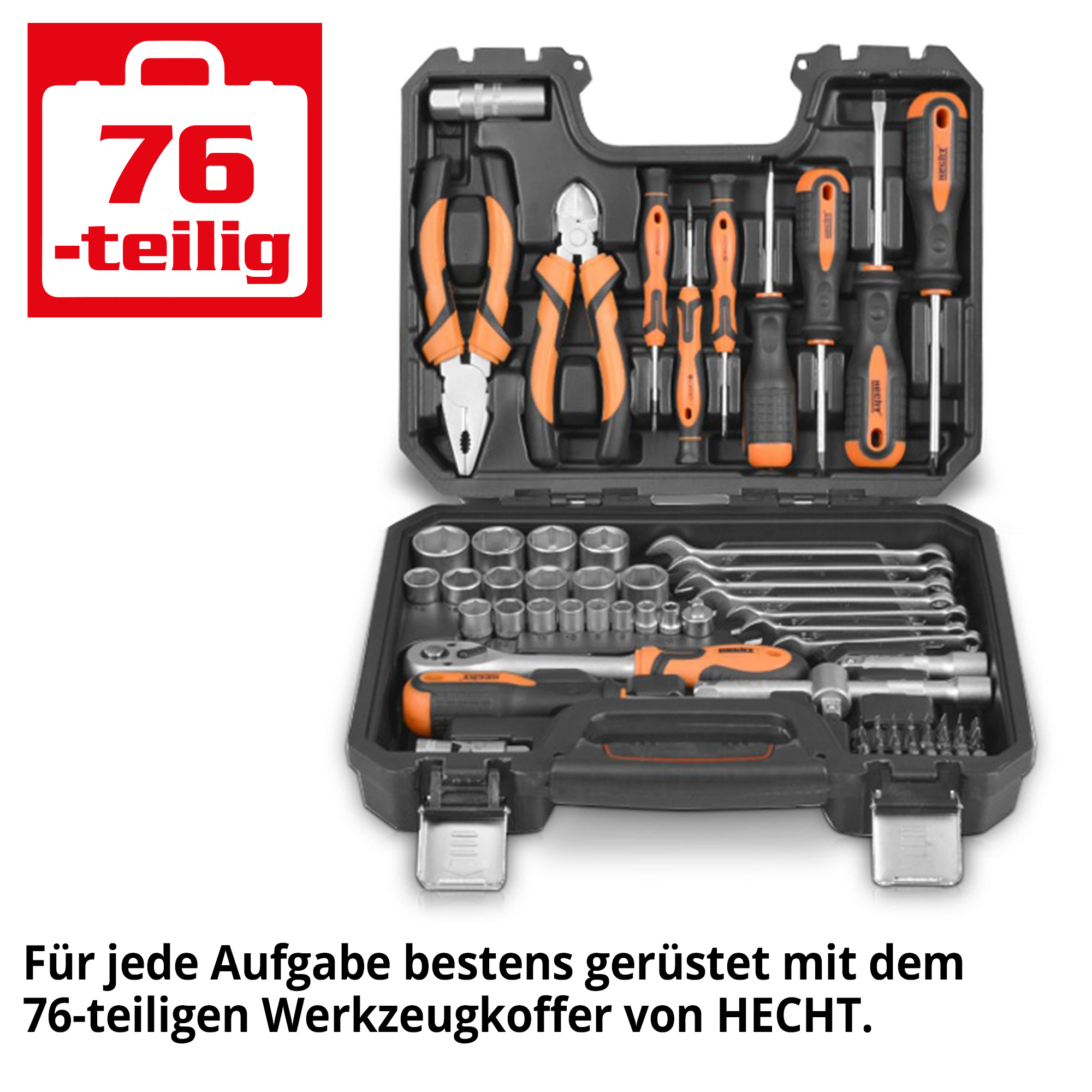 Werkzeugkoffer HECHT – 76 teilig mit Ratschen, Nüssen, Zangen und Schraubendrehern im Koffer
