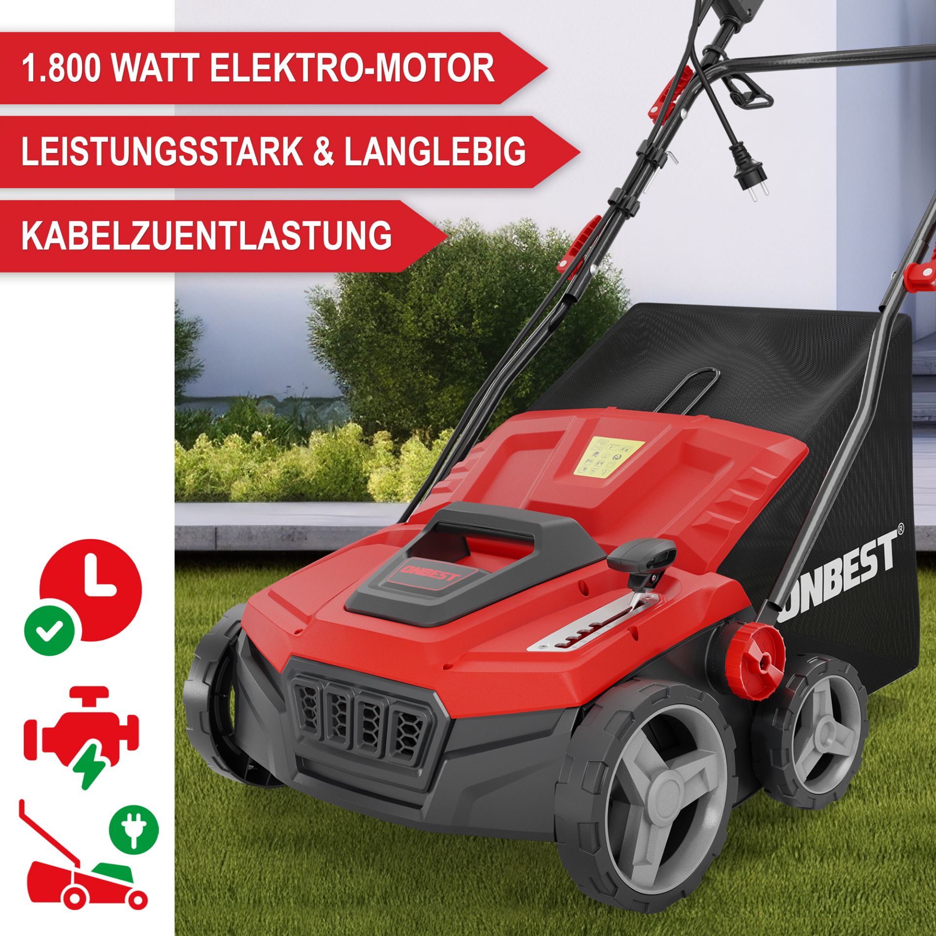 Vertikutierer Elektro S1838 - Leistungsstarker Elektromotor, langlebig, Kabelzuentlastung