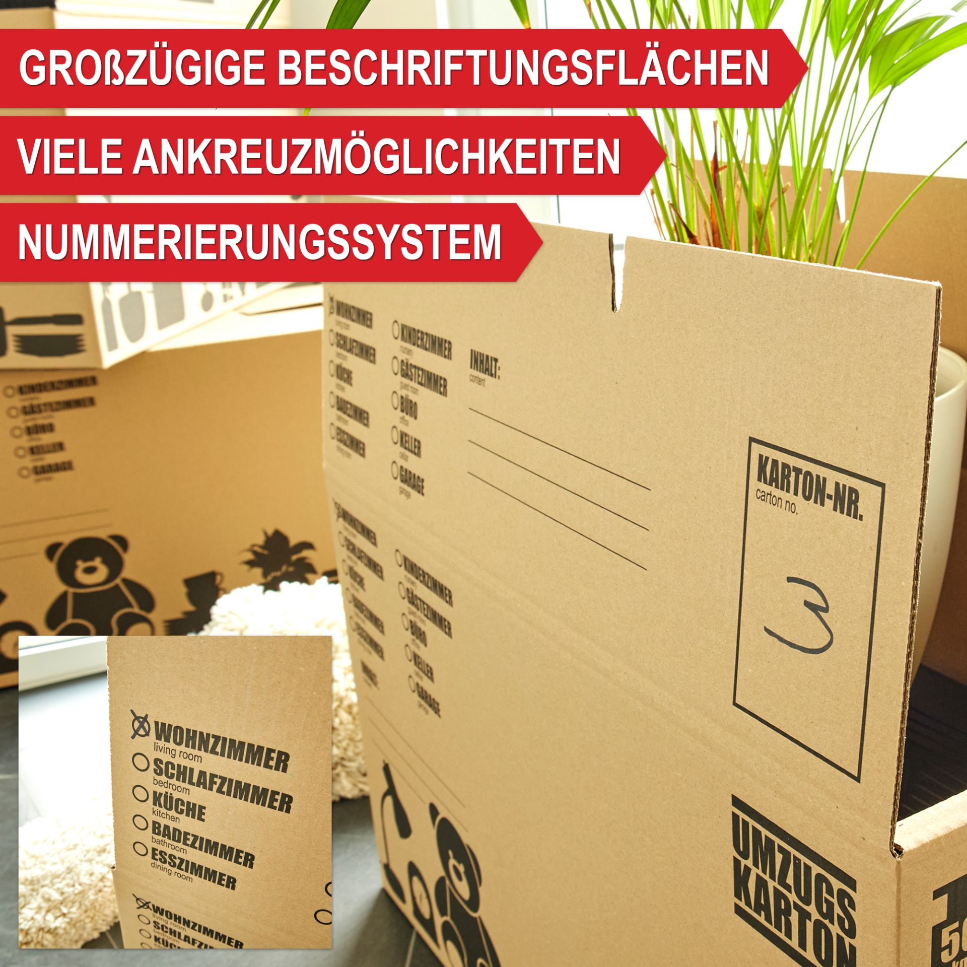 Großzügige Beschriftungsflächen, viele Ankreuzmöglichkeiten, Nummerierungs-System - Umzugskartons