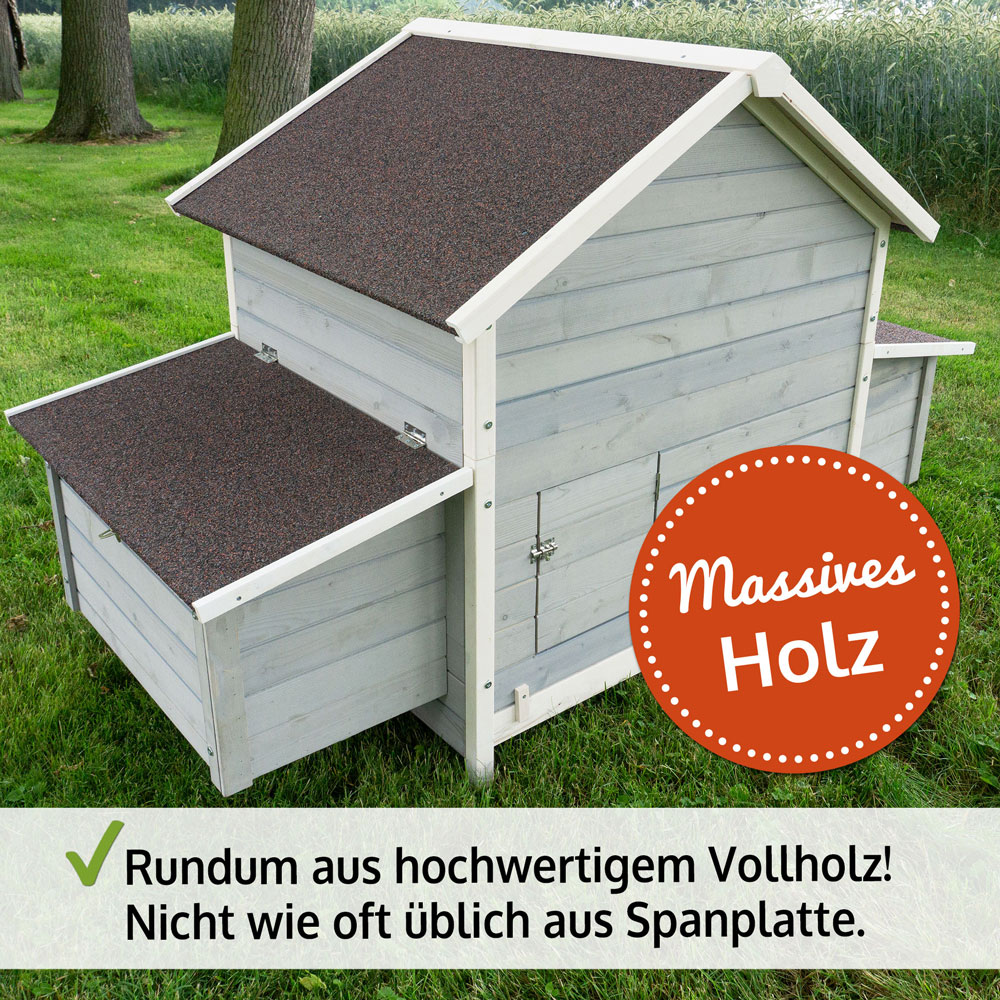 Hühnervoliere Betty in Grau aus massivem Holz, robust und langlebig, ohne Verwendung von Spanplatten Hühnervoliere Betty in Grau aus massivem Holz, robust und langlebig, ohne Verwendung von Spanplatten