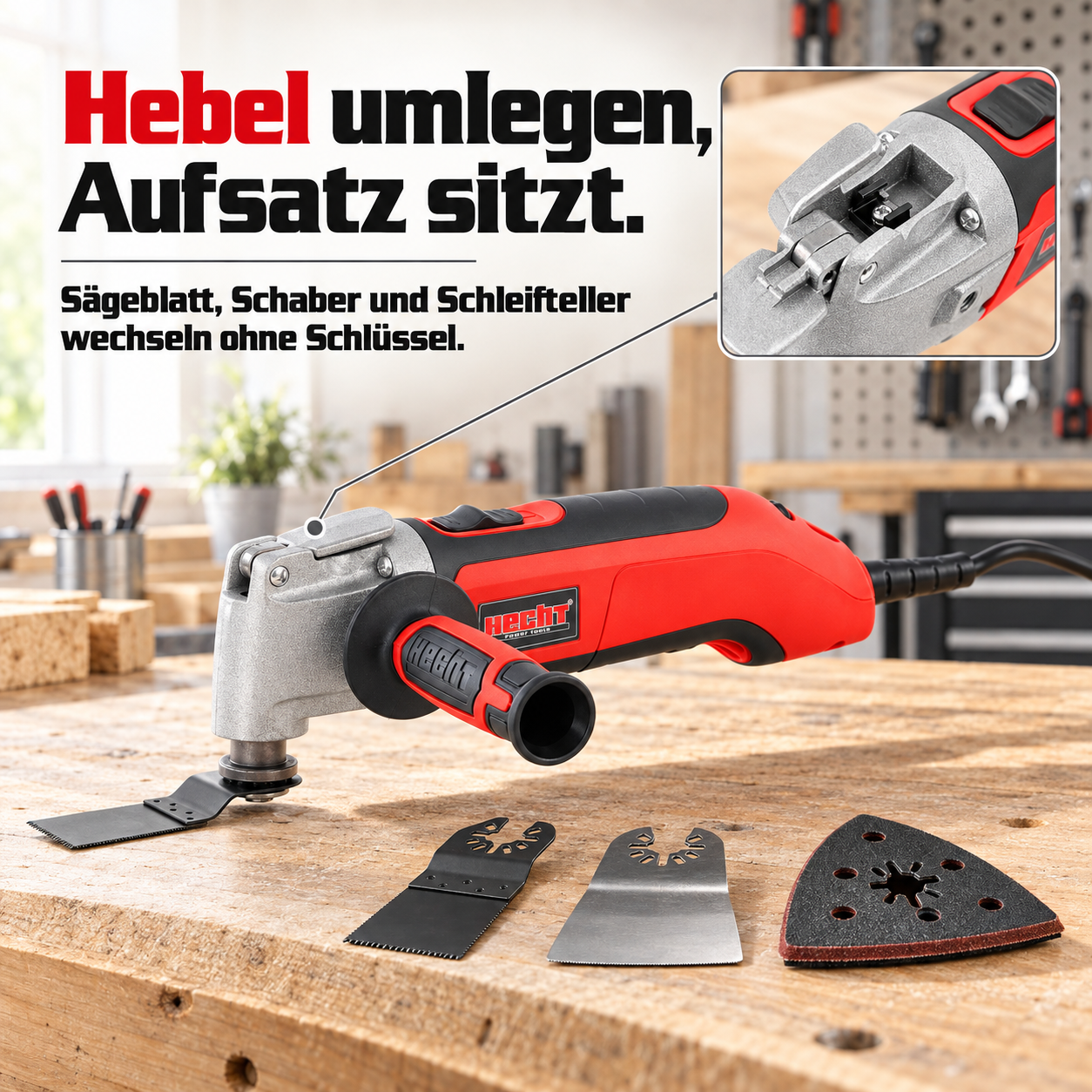 Oszillations-Säge HECHT: Hebel umlegen und der Aufsatz sitzt bombenfest (Dieses Bild wurde mit Hilfe von KI generiert.)