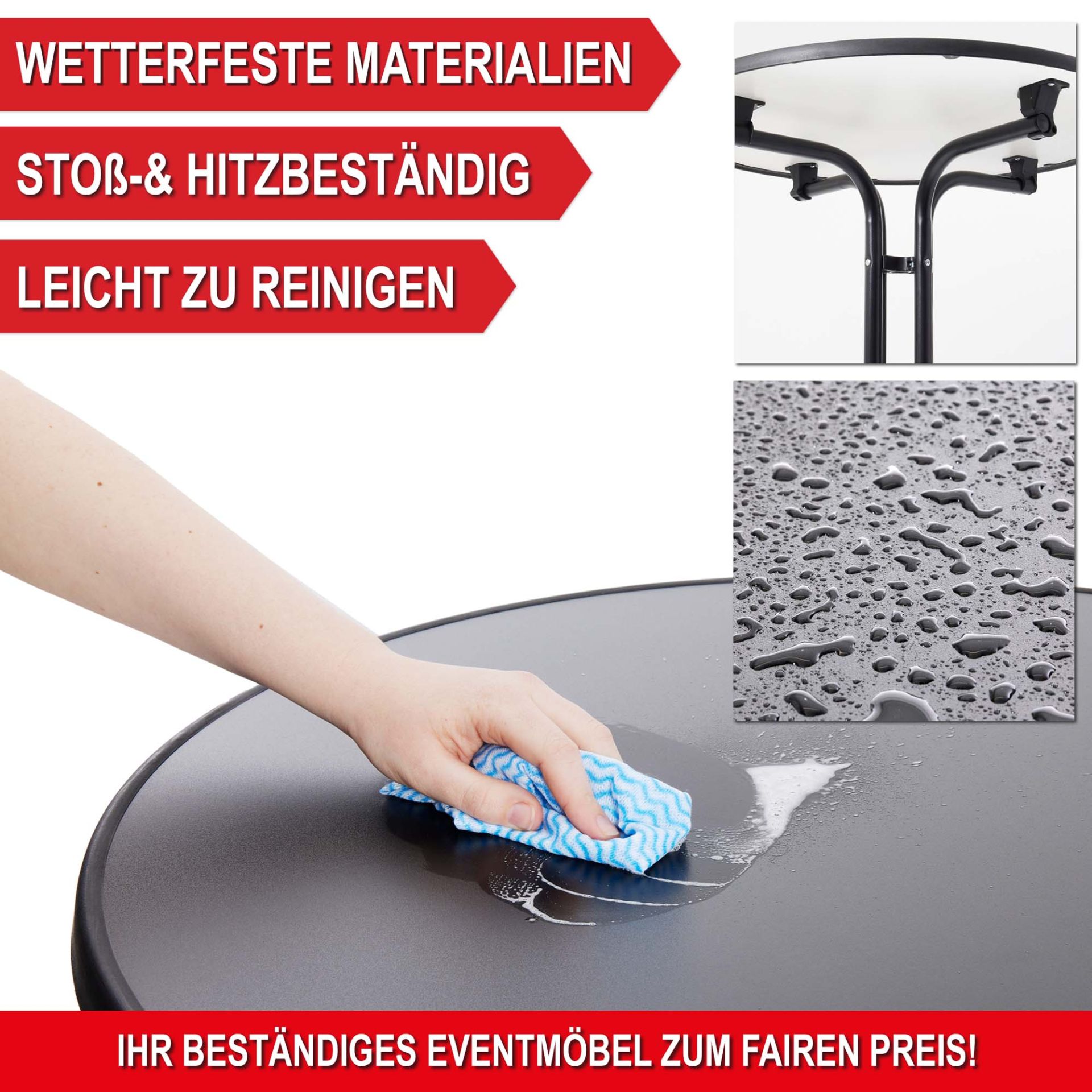 Wetterfeste Materialien, Stoß- und Hitzebeständig, Leicht zu reinigen - Stehtisch mit Tischhusse schwarz