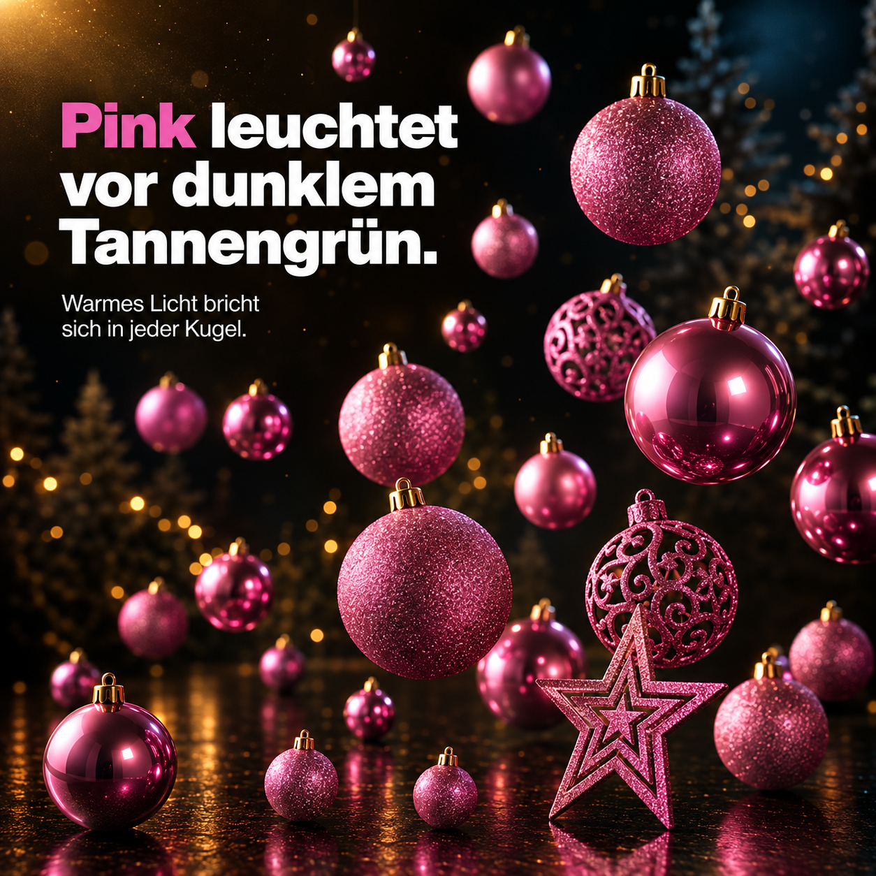 ONBEST Christbaumschmuck: Pinke Kugeln vor dunklem Tannengrün (Dieses Bild wurde mit Hilfe von KI generiert.)