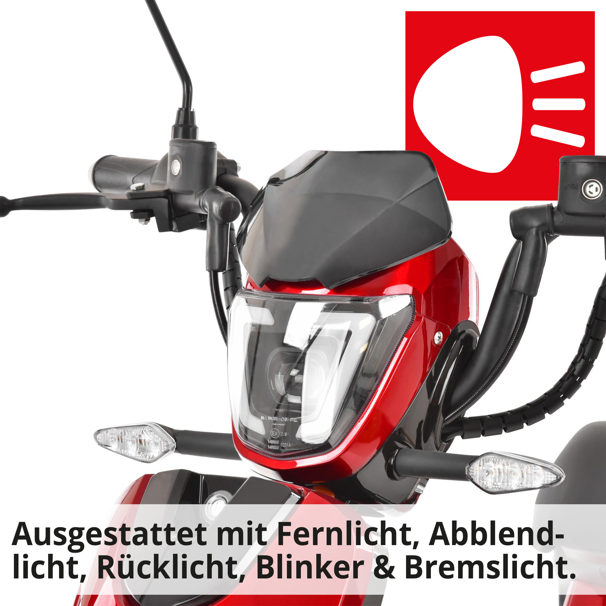 Hecht BETIS RED E-Mofa ausgestattet mit Fernlicht, Abblendlicht, Rücklicht, Blinker und Bremslicht