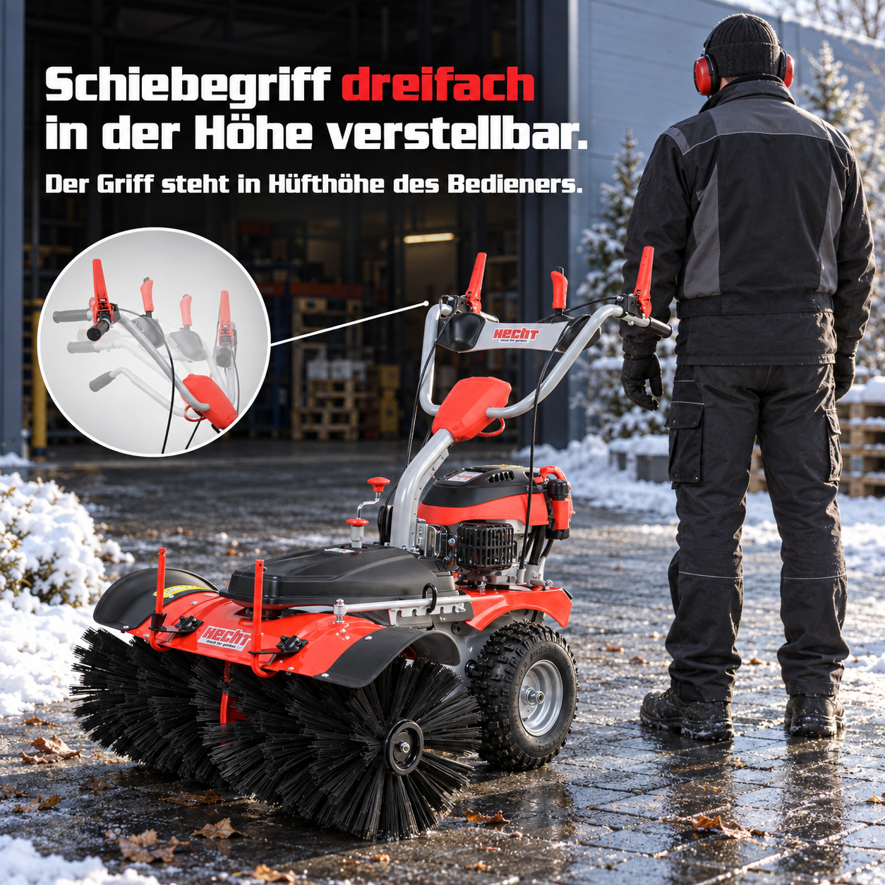 Ergonomische HECHT Kehrmaschine mit dreifach höhenverstellbarem Griff (Dieses Bild wurde mit Hilfe von KI generiert.)