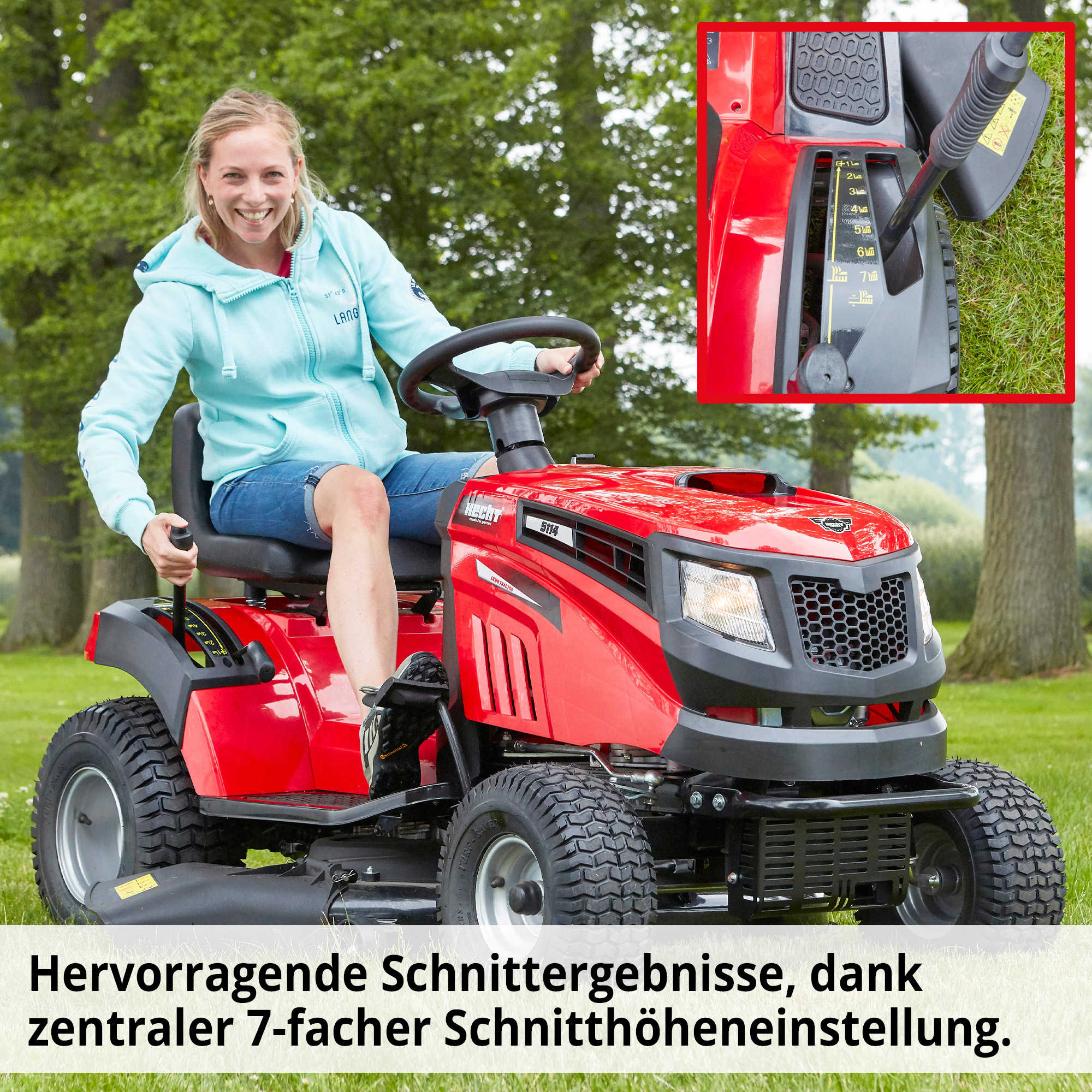 Benzin-Rasentraktor Aufsitzmäher mit 7-fach Schnitthöhenverstellung für optimale Ergebnisse 