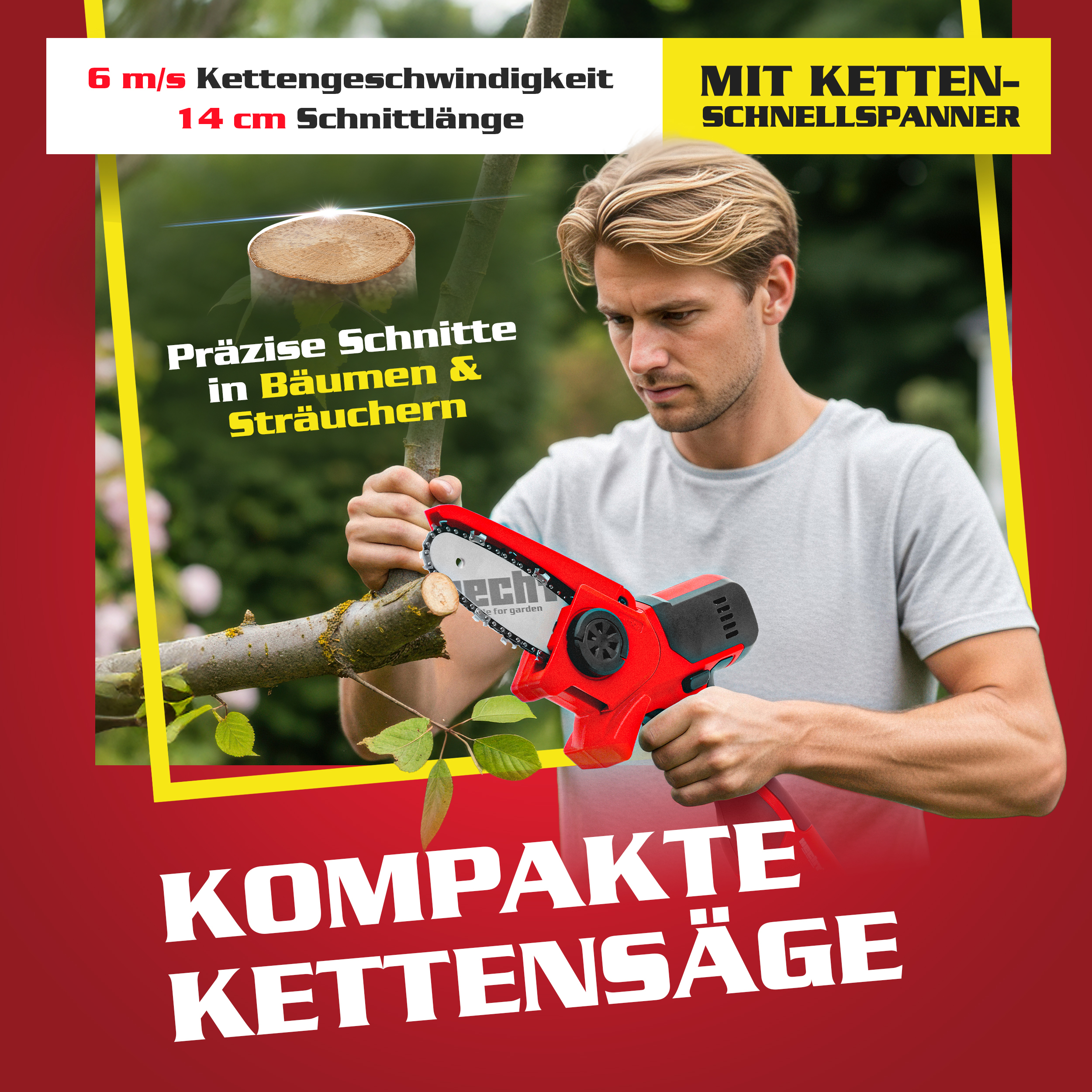 Baumpflege Set mit Mini-Kettensäge bei präzisem Astschnitt in Bäumen und Sträuchern