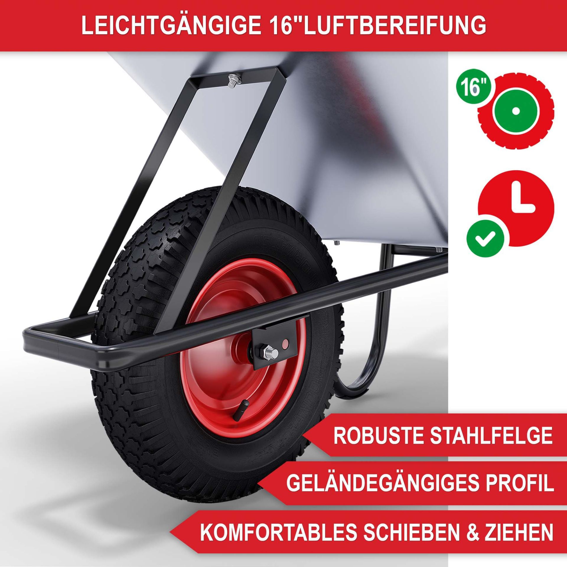 Schubkarre - leichtgängige Luftbereifung, robuste Stahlfelgen, geländegängiges Profil, komfortables Schieben und Ziehen