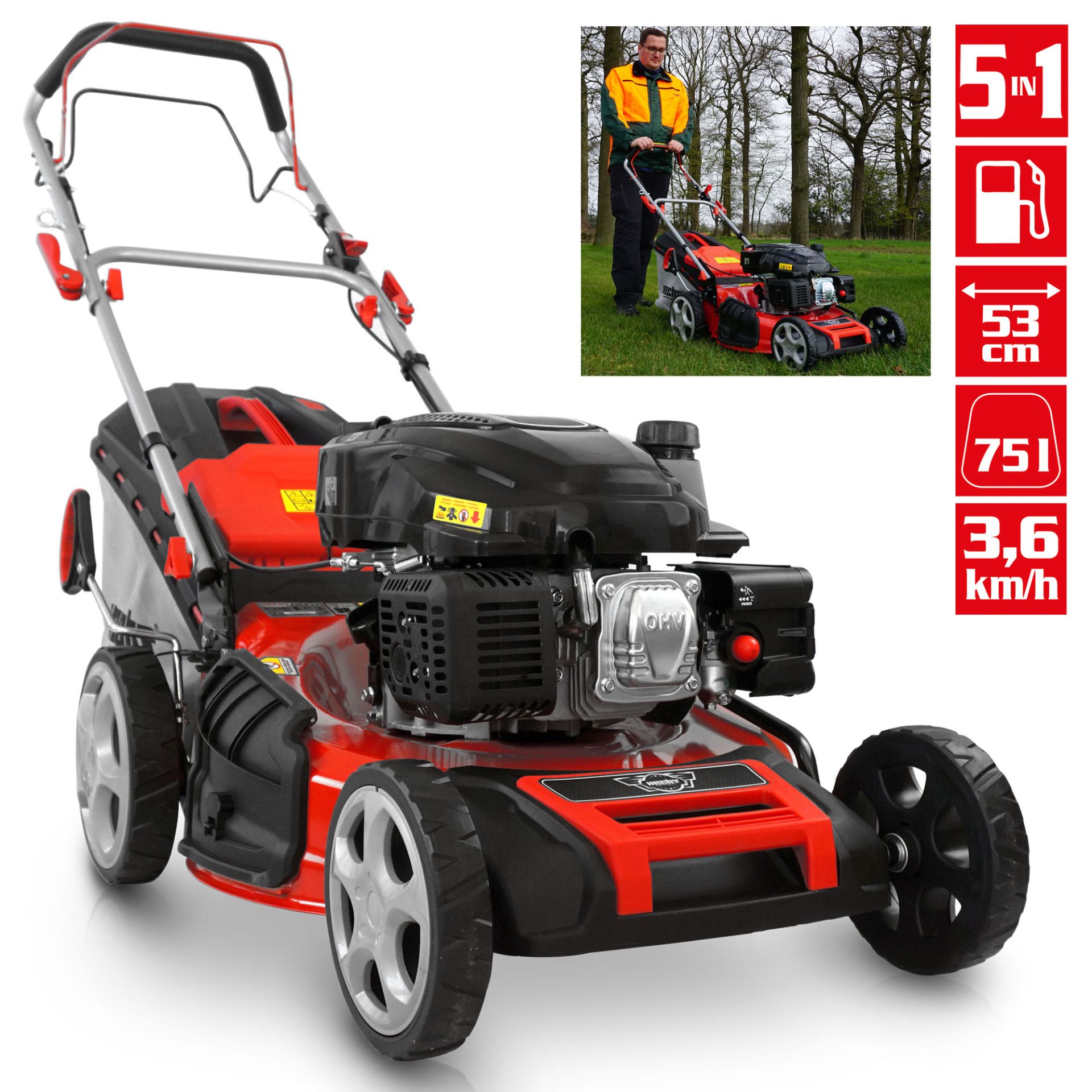 Hecht Benzin-Rasenmäher mit 5in1 Funktion 53 cm Schnittbreite und 75 Liter Fangkorb