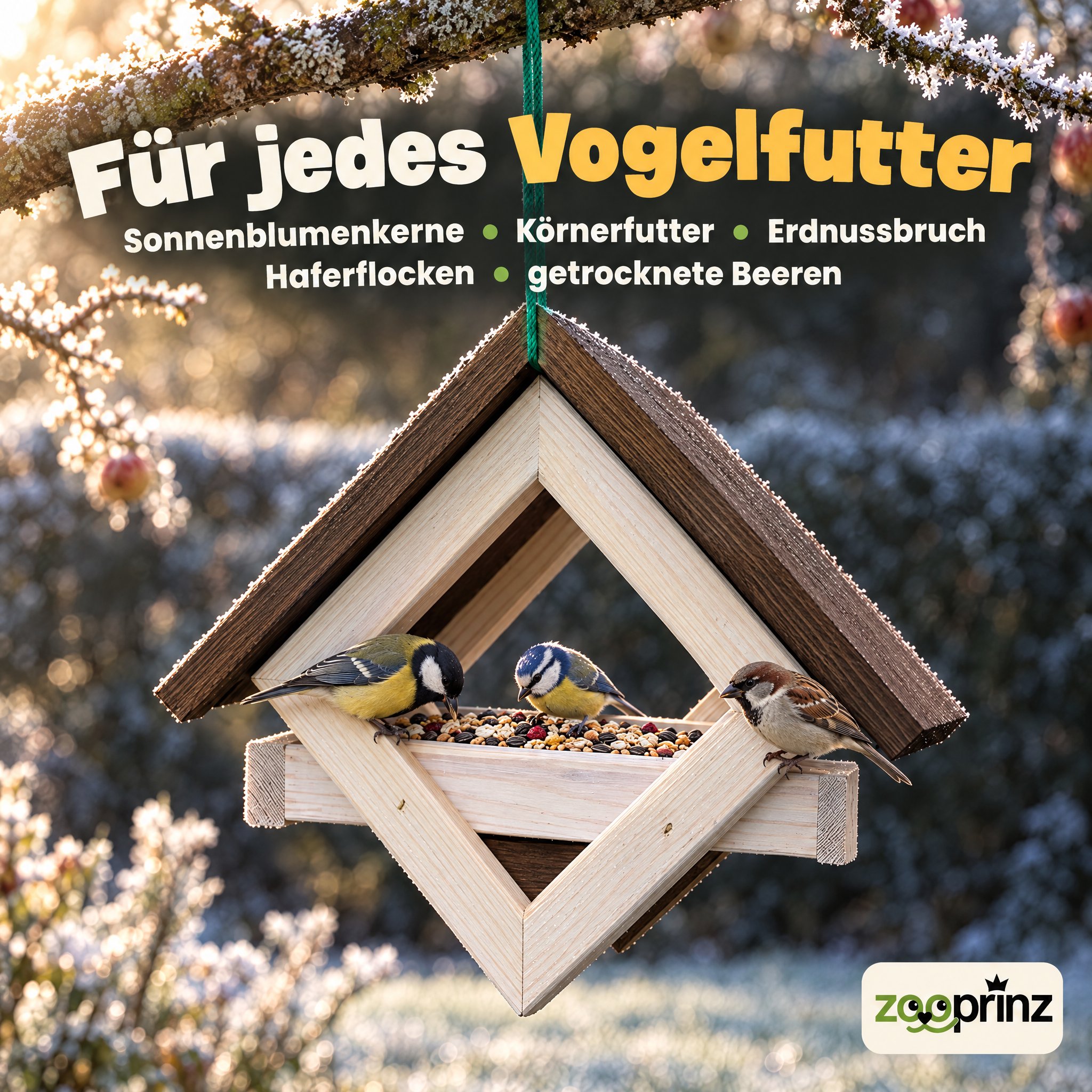 Vogelfutterhaus Weiß-Braun: Ideal für Sonnenblumenkerne und Haferflocken (Dieses Bild wurde mit Hilfe von KI generiert.)