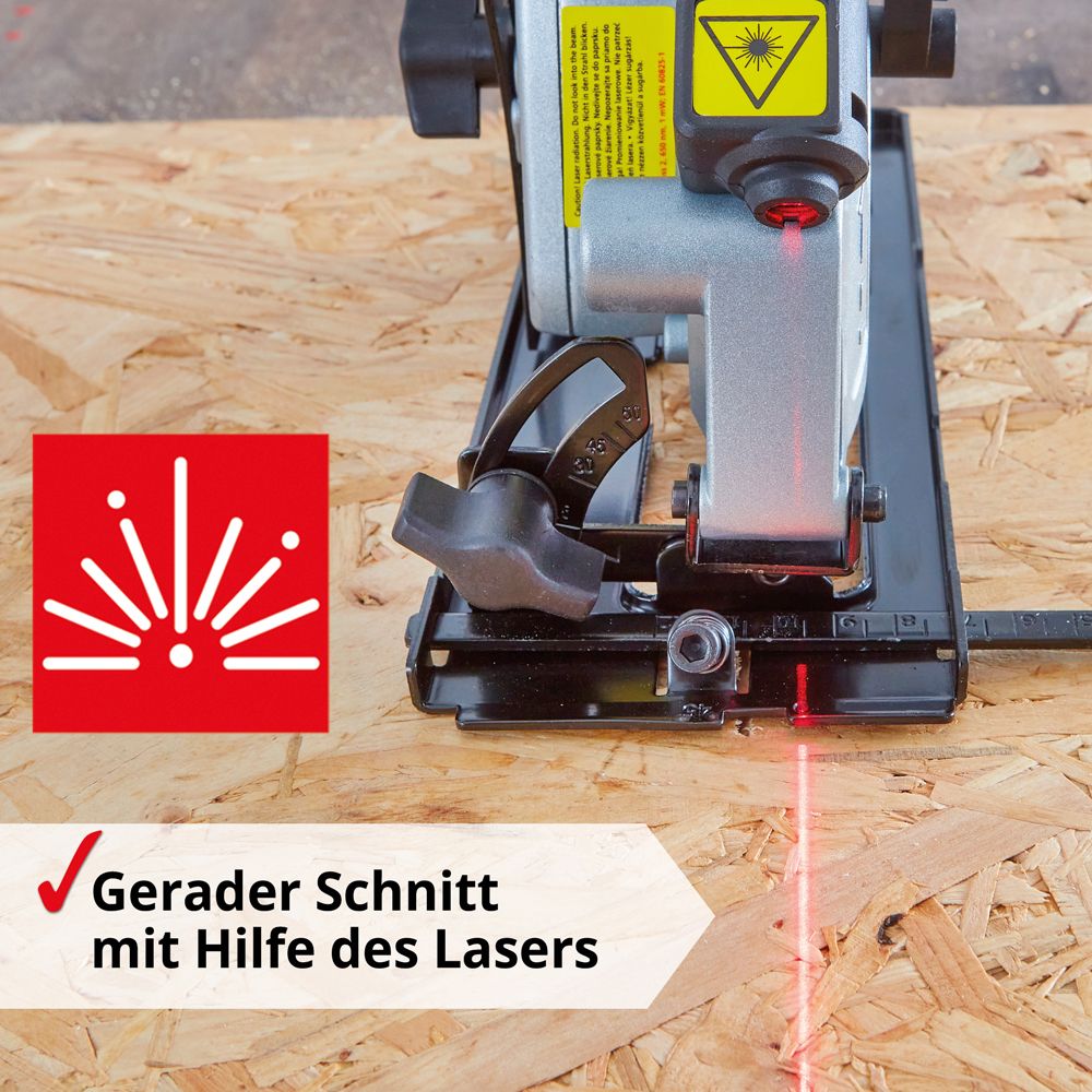 Hecht Mini Handkreissäge 1067; Gerader Schnitt mit Hilfe des Lasers