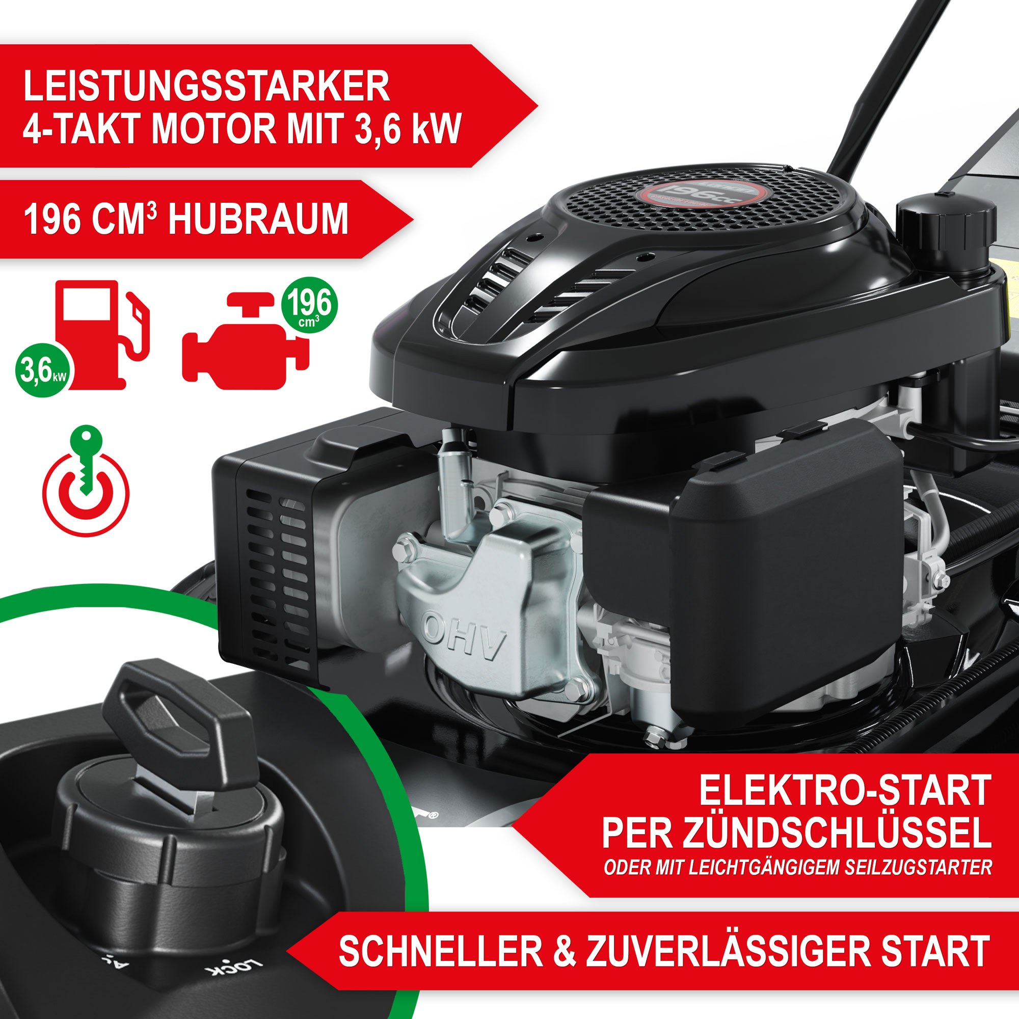 Rasenmäher Benzin TXC-3653 E - Leistungsstarker 4 Takt Motor; Elektro-Start per Zündschlüssel oder mit leichtgängigen Seilzugstarter; schneller und zuverlässiger Start