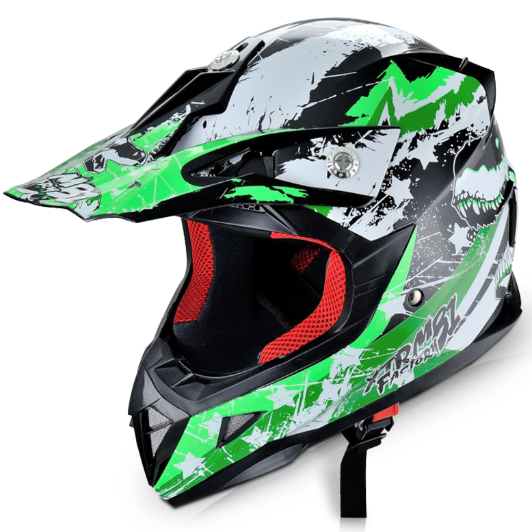 Motocrosshelm Kinder grün mit Sternen-Print, Kinnschutz und rotem Innenfutter