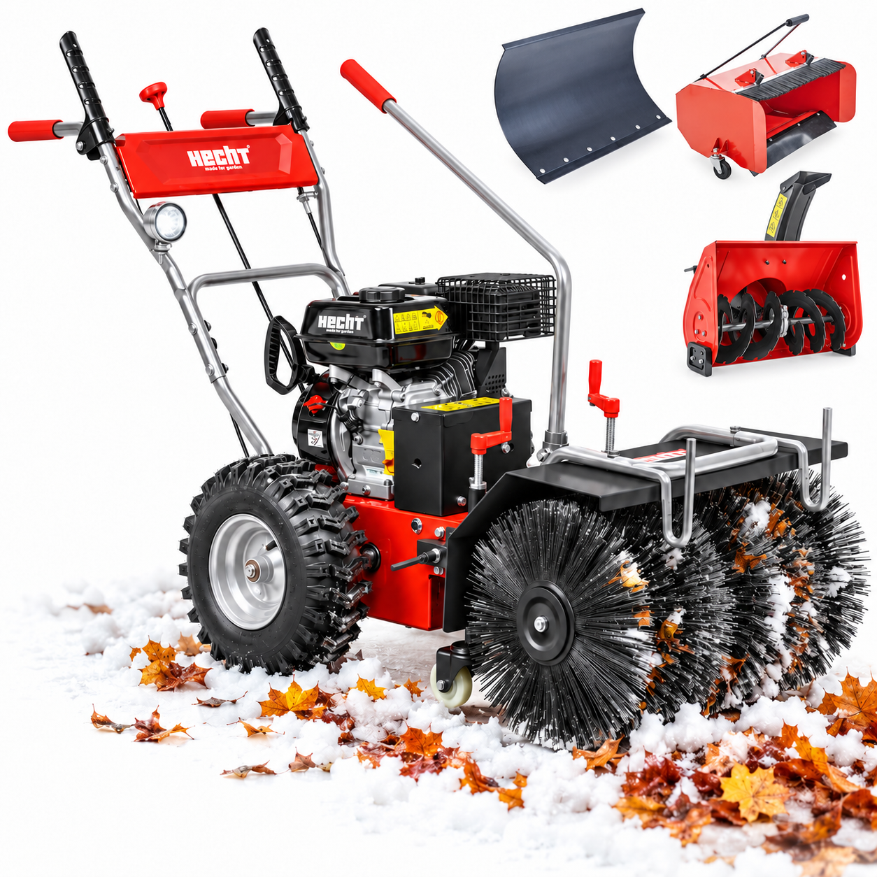 Benzin Kehrmaschine HECHT 62 cm mit Auffangbox im Einsatz Schneefräskopf und Schneeschild (Dieses Bild wurde mit Hilfe von KI generiert.)