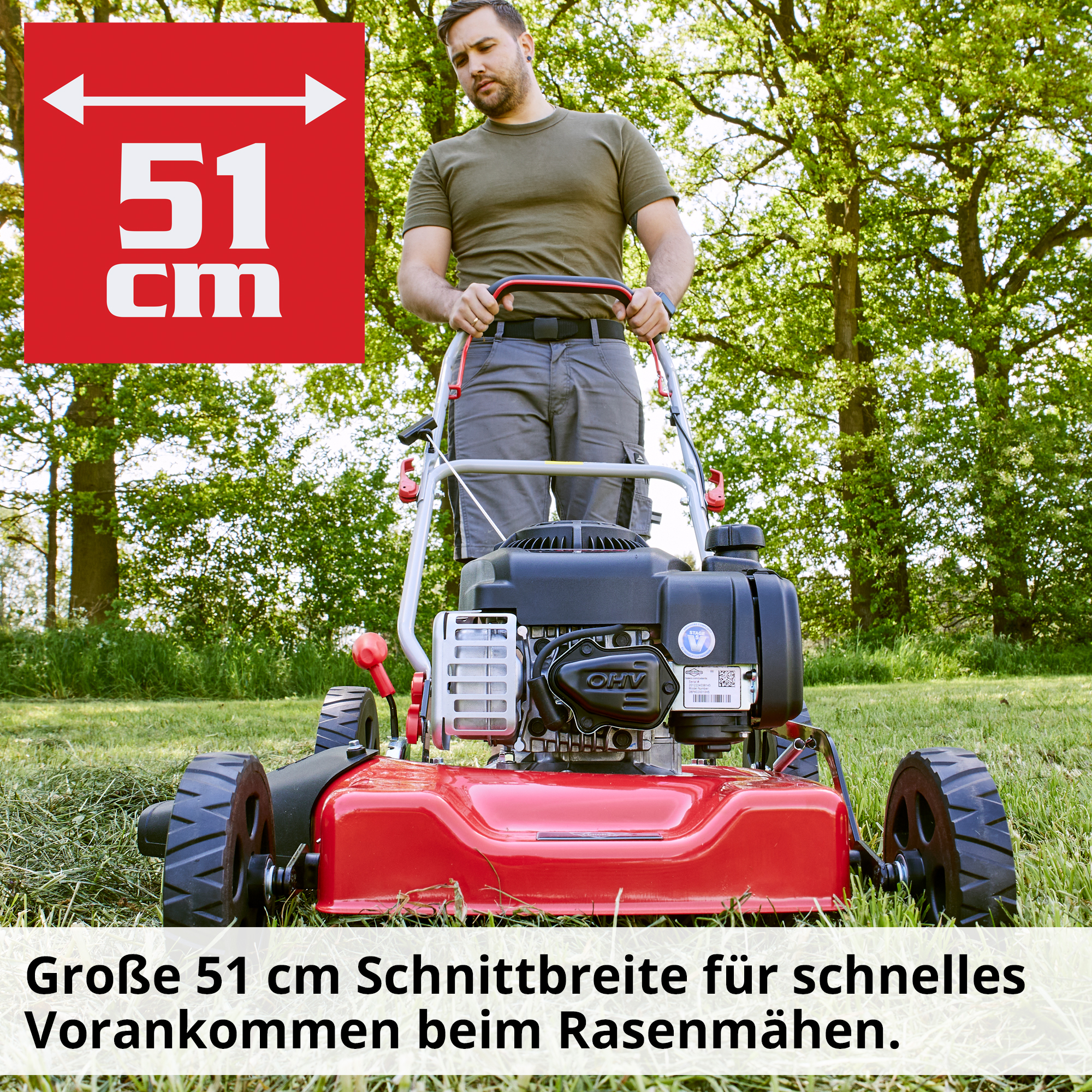  Benzin-Rasenmäher mit 51 cm Schnittbreite für große Flächen