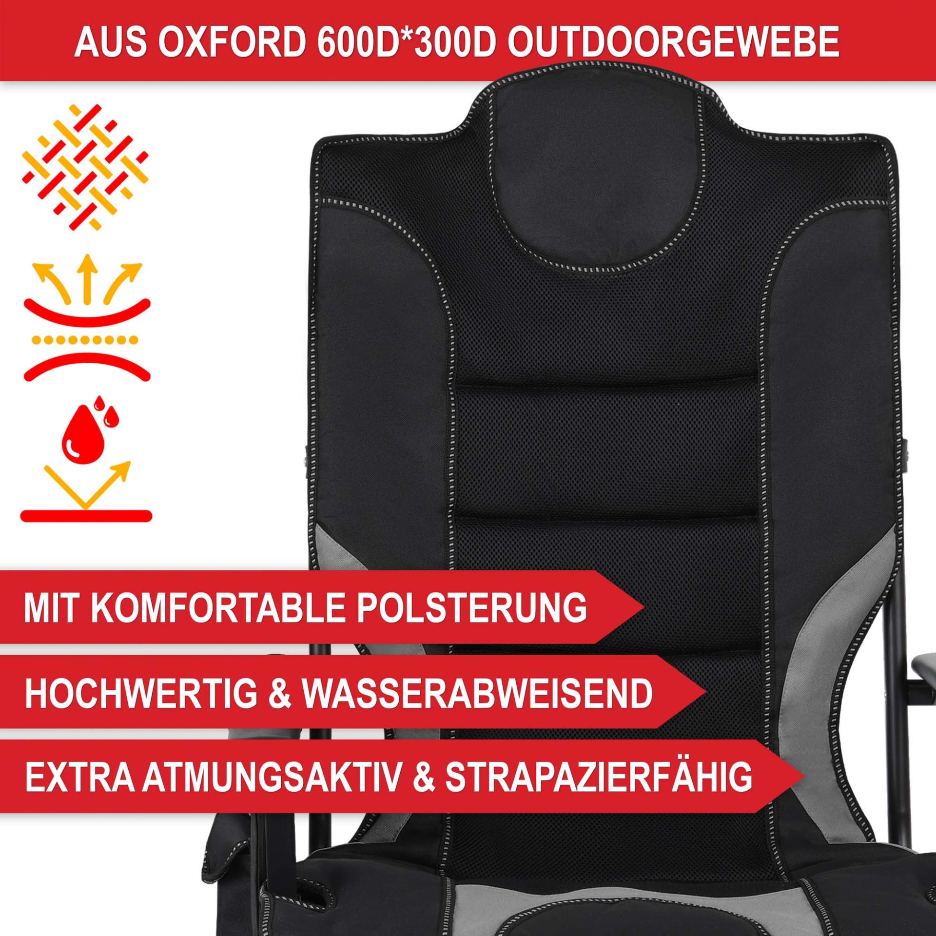 Campingstuhl schwarz/ grau - Mit komfortabler Polsterung, hochwertig und wasserabweisend, extra atmungsakitv und strapazierfähig