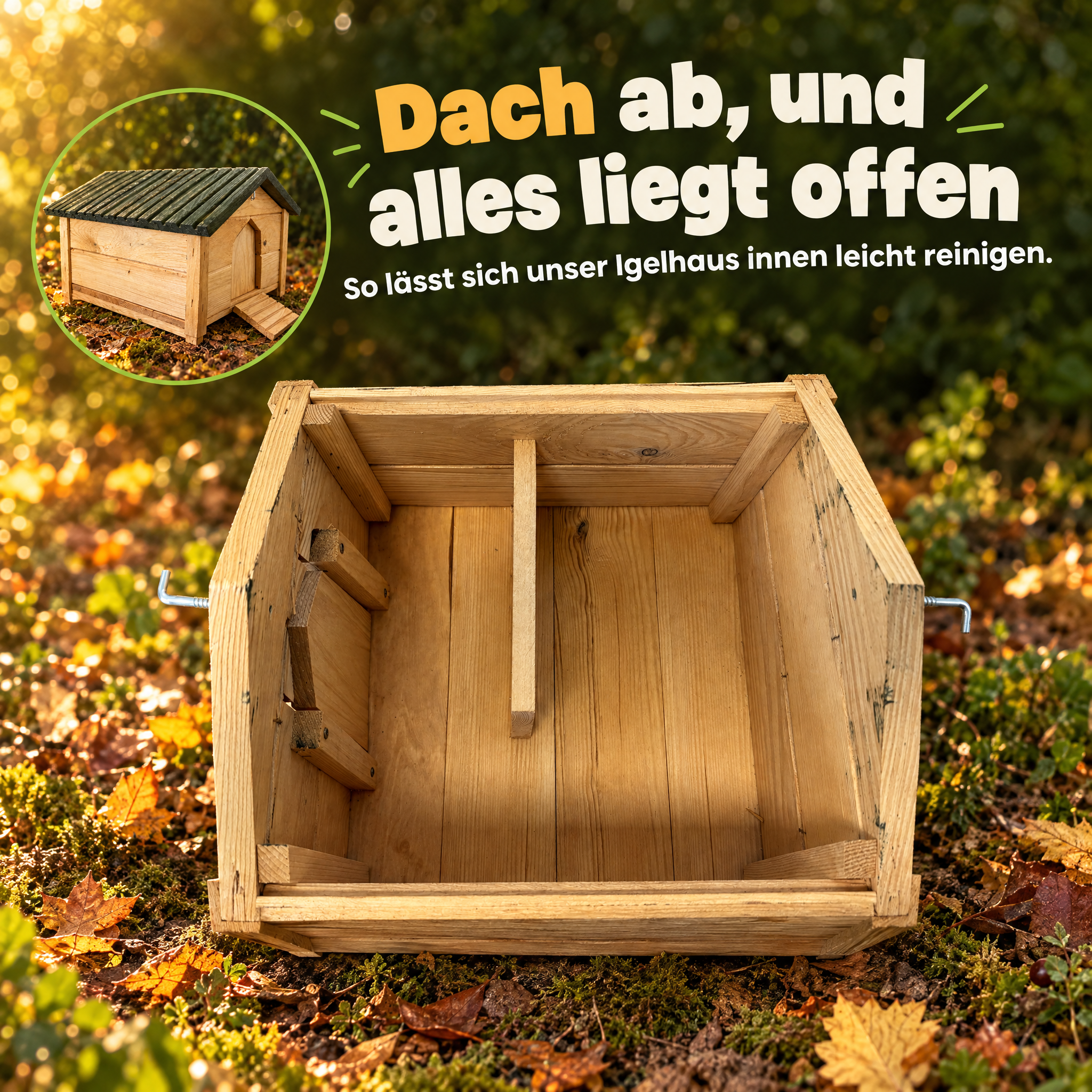 Igelhütte Milo ohne Dach: Offene Ansicht für leichte Reinigung (Dieses Bild wurde mit Hilfe von KI generiert.)