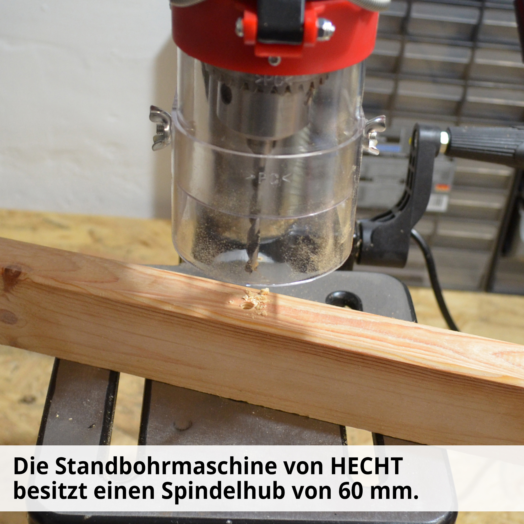 Standbohrmaschine Spindelhub 60 mm transparenter Späneschutz Bohrer Holzarbeit Werkstück