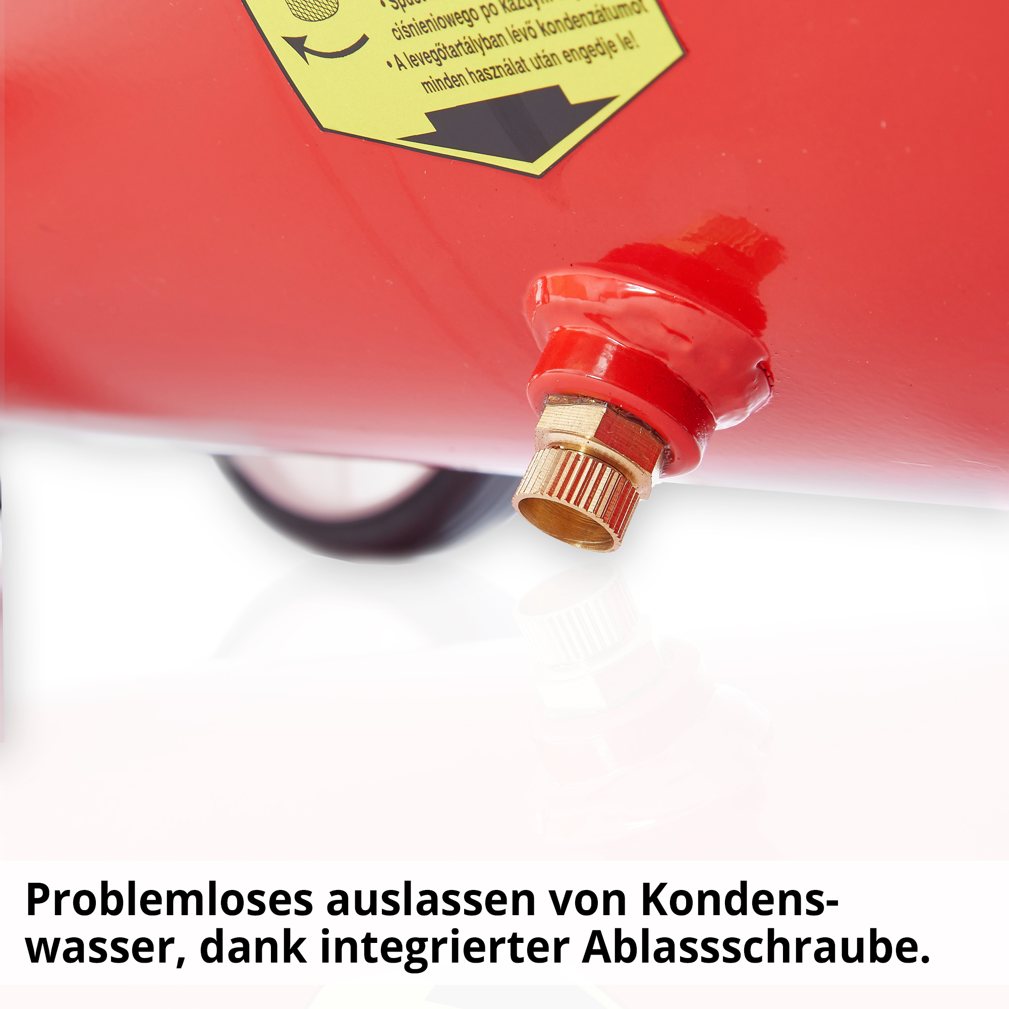 Flüster Kompressor; Integrierte Ablassschraube zum Ablassen von Kondenswasser Flüster Kompressor; Integrierte Ablassschraube zum Ablassen von Kondenswasser